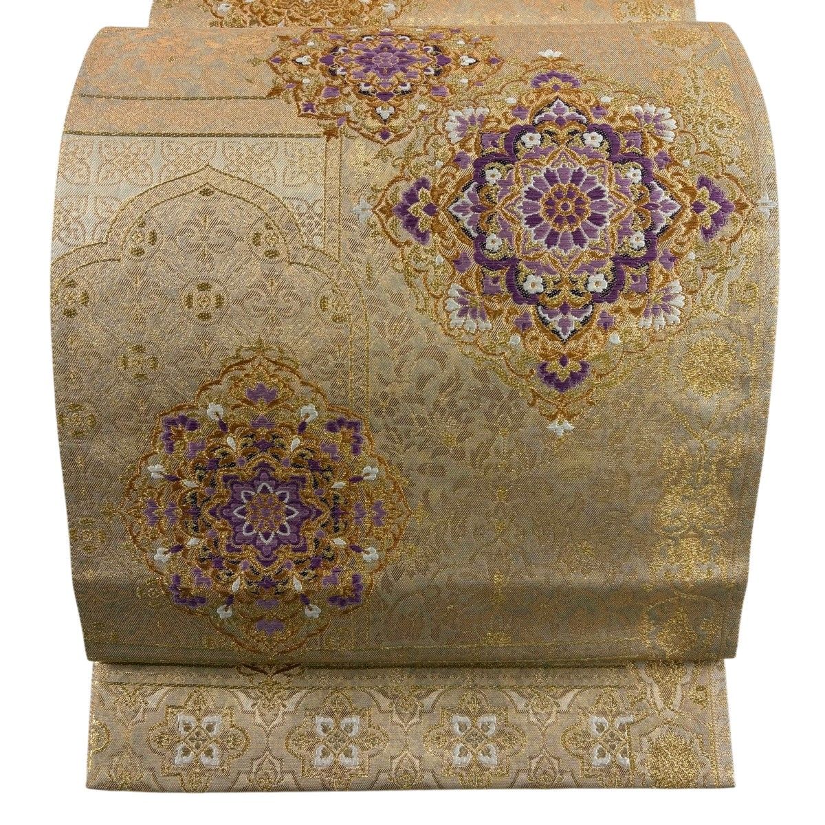 【美品】 袋帯 名品 ロイヤルパープル 華文 金糸 箔 金色 お太鼓柄 正絹 【中古】