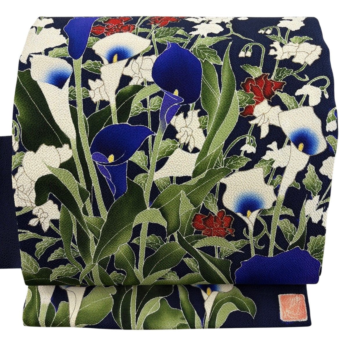 名古屋帯 名品 落款 カラー 草花 縮緬 濃紺 正絹 【中古】