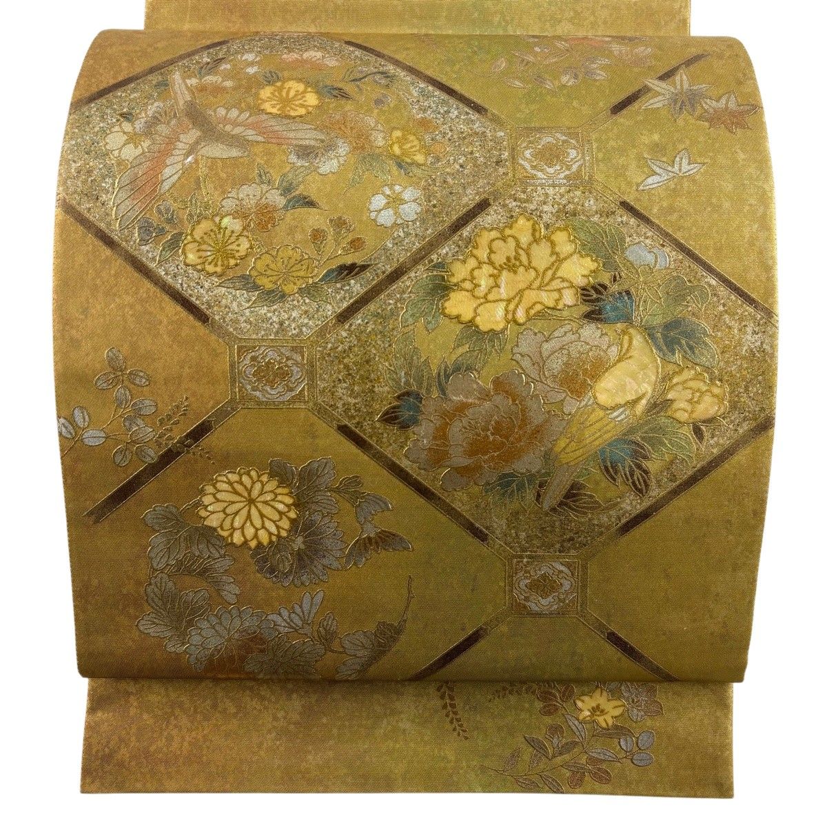 袋帯 名品 落款 菱天井 花鳥 金銀彩 螺鈿 金色 お太鼓柄 正絹 【中古】