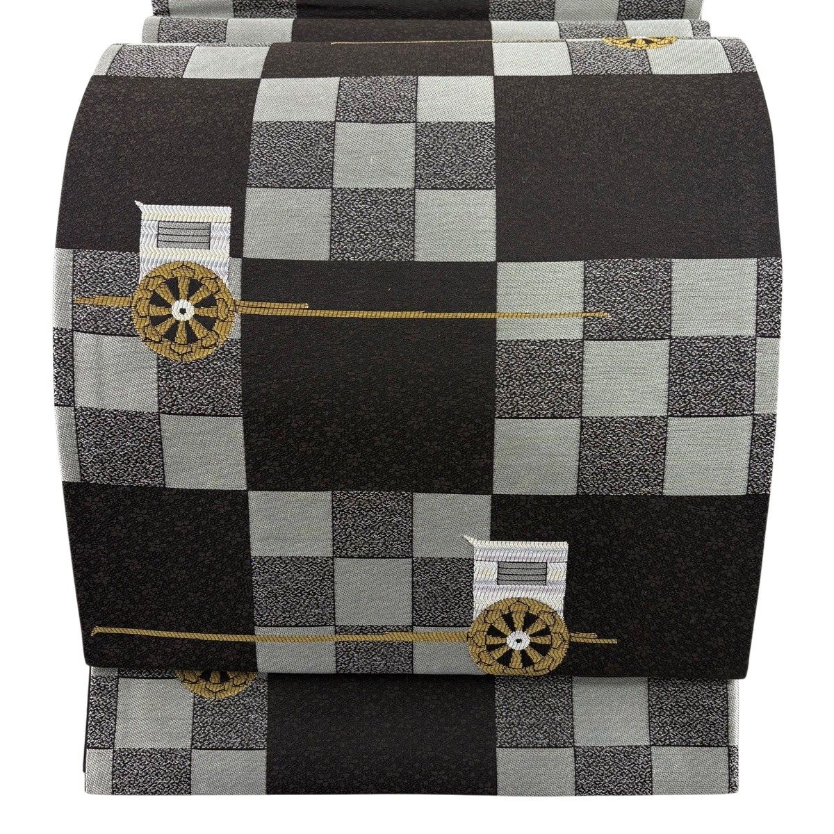 【美品】 袋帯 名品 落款 御所車 市松 焦茶色 六通 正絹 【中古】