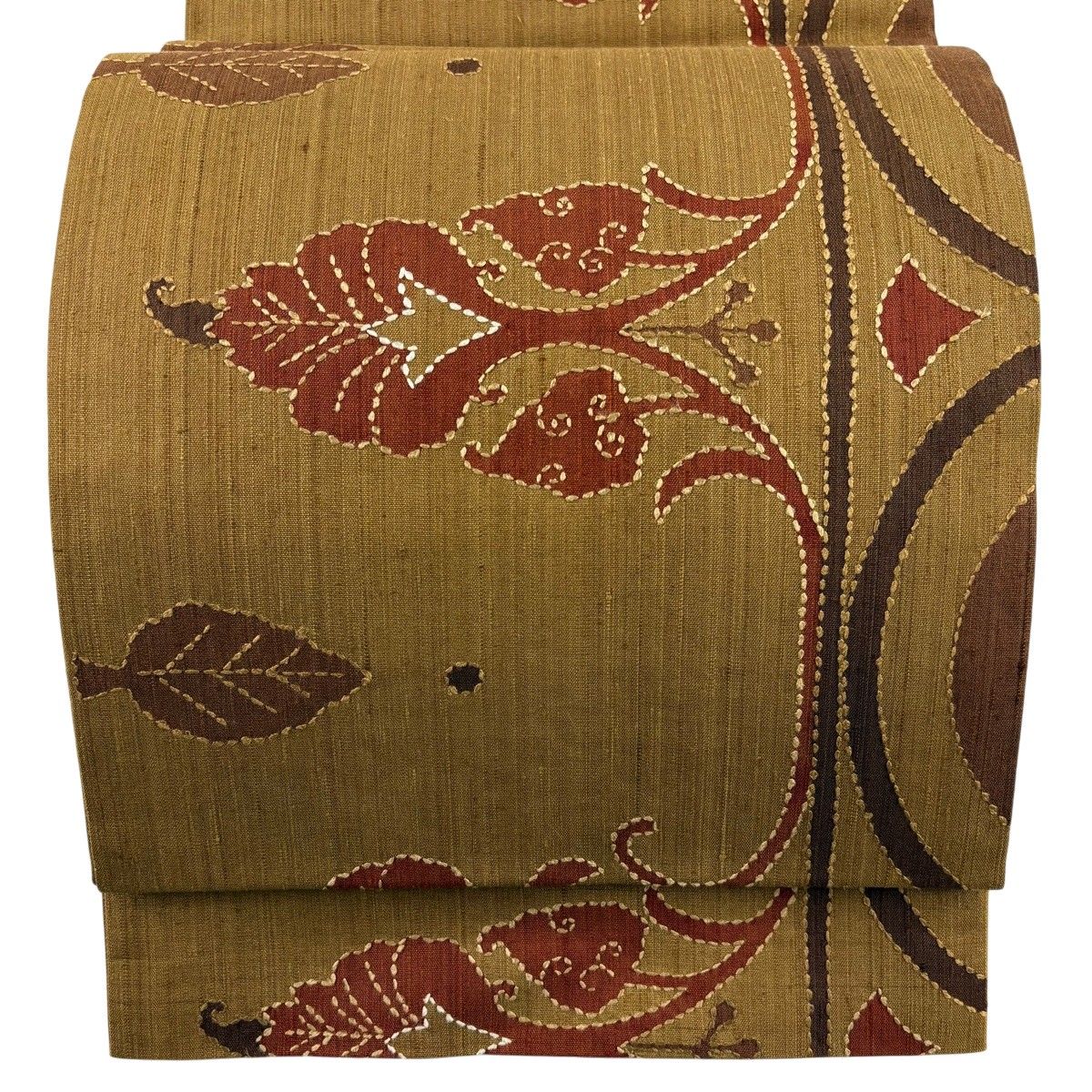 【美品】 袋帯 名品 葉 幾何学 刺繍 茶色 六通 正絹 【中古】