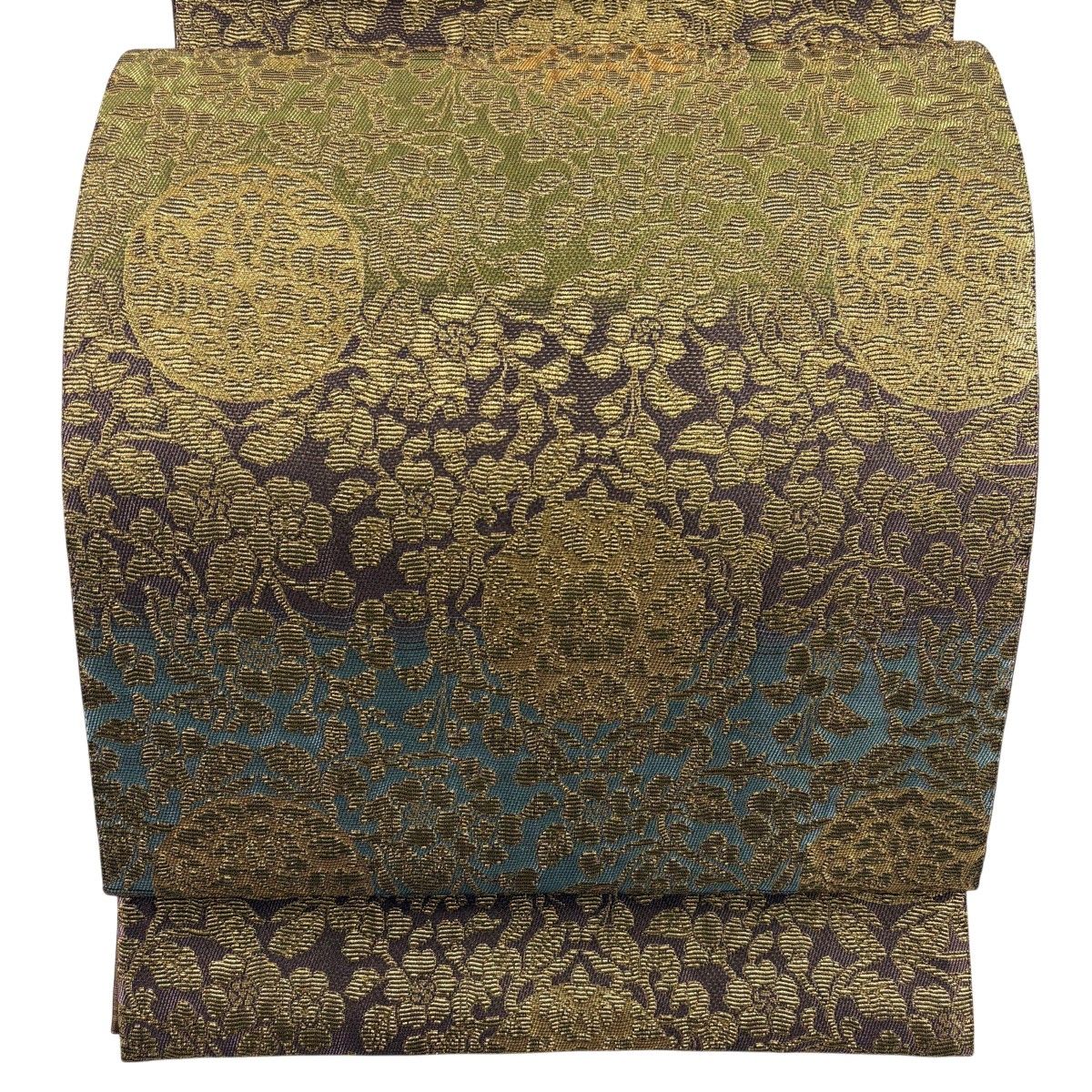 【美品】 袋帯 名品 華文 花唐草 輪奈織 茶緑色 六通 正絹 【中古】