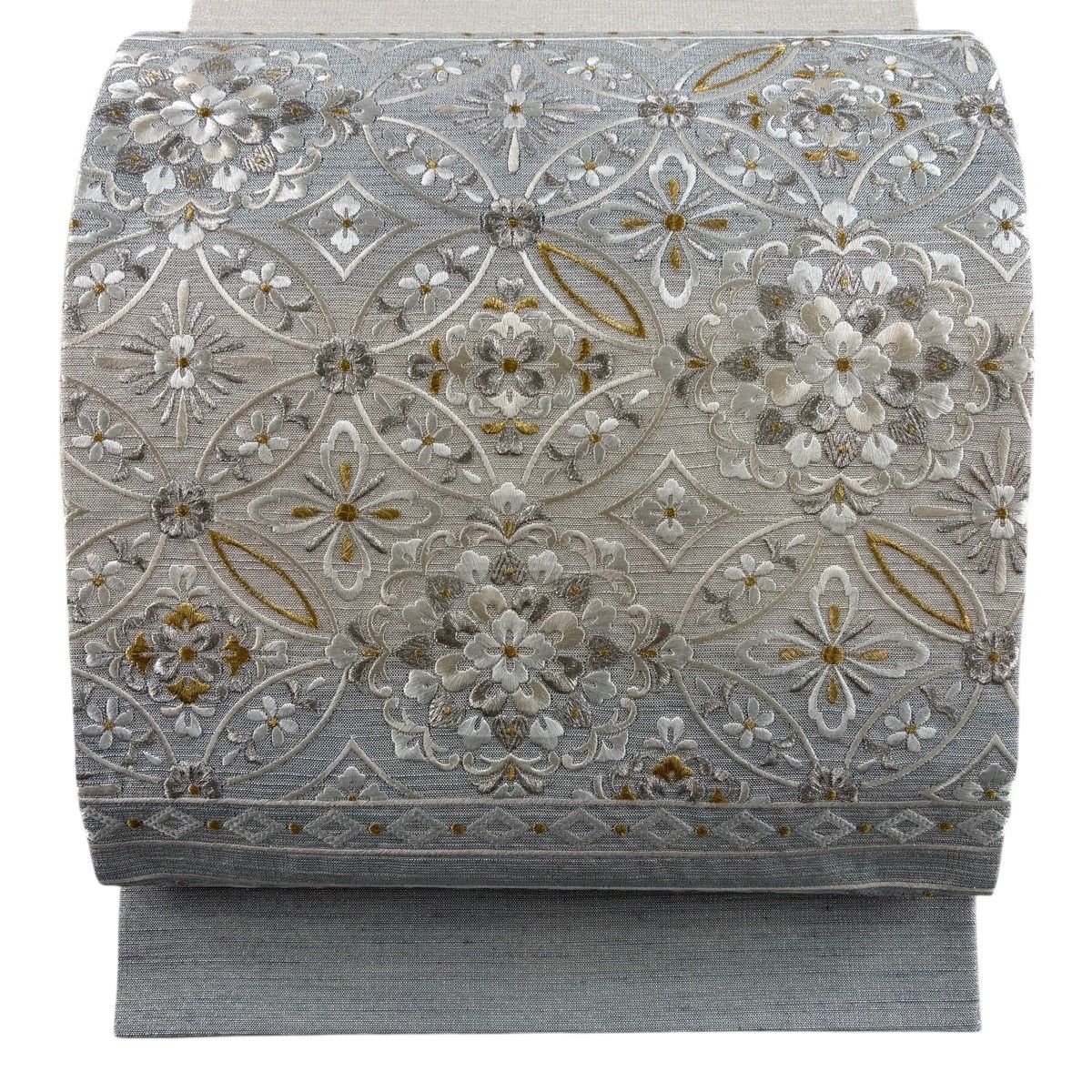【美品】 袋帯 名品 華文 七宝 刺繍 金銀糸 青灰色 お太鼓柄 正絹 【中古】