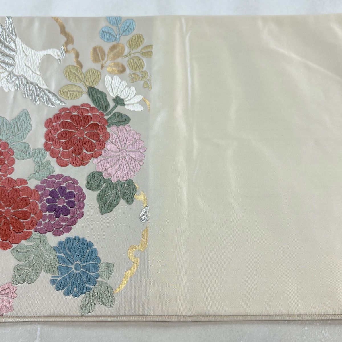 【美品】 袋帯 名品 花鳥 蝶 金銀糸 唐織 クリーム 六通 正絹 【中古】 【美品】 袋帯 名品 花鳥 蝶 金銀糸 唐織 クリーム 六通 正絹 【中古】