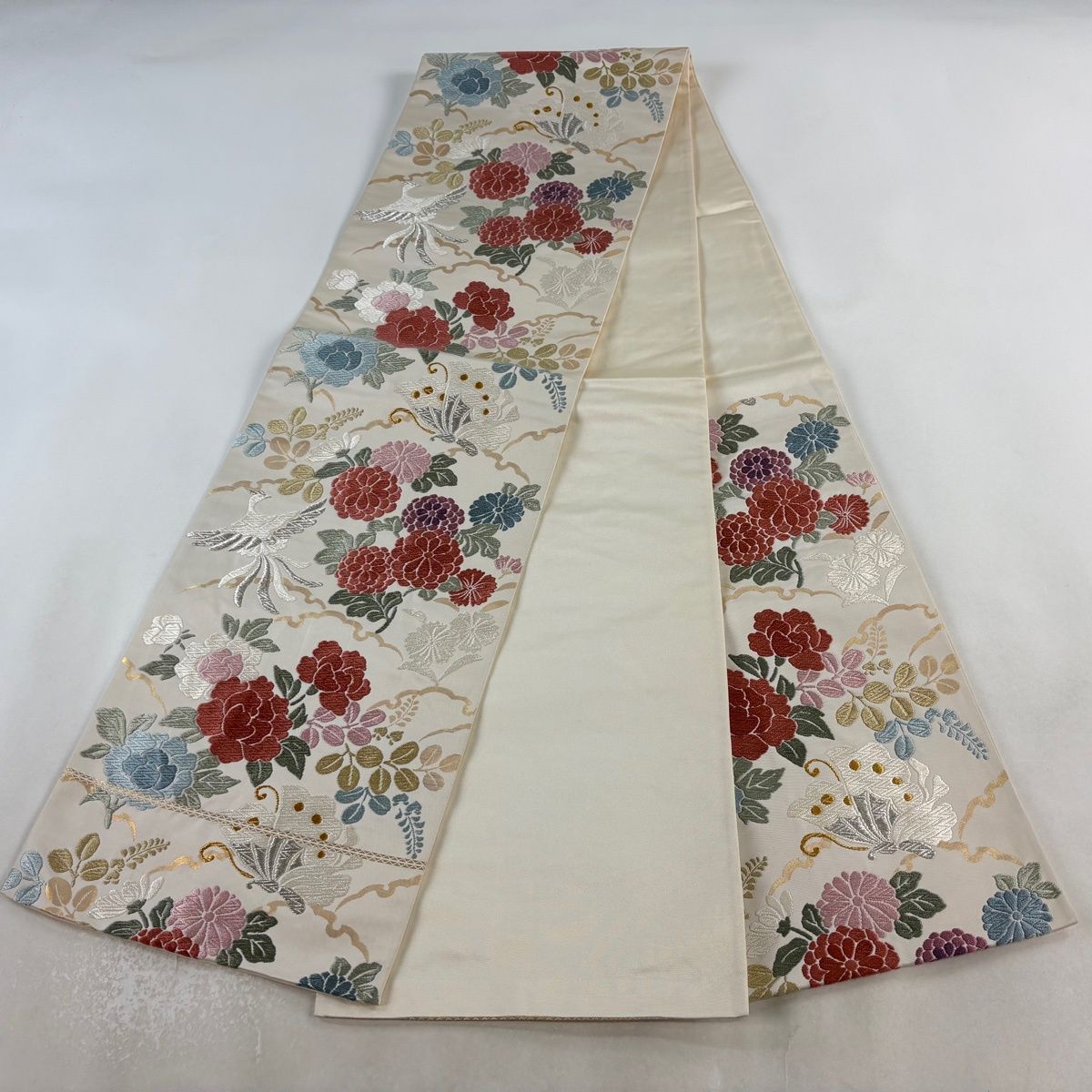 【美品】 袋帯 名品 花鳥 蝶 金銀糸 唐織 クリーム 六通 正絹 【中古】 【美品】 袋帯 名品 花鳥 蝶 金銀糸 唐織 クリーム 六通 正絹 【中古】
