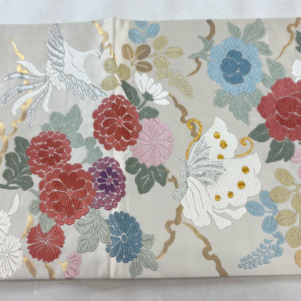 【美品】 袋帯 名品 花鳥 蝶 金銀糸 唐織 クリーム 六通 正絹 【中古】 【美品】 袋帯 名品 花鳥 蝶 金銀糸 唐織 クリーム 六通 正絹 【中古】
