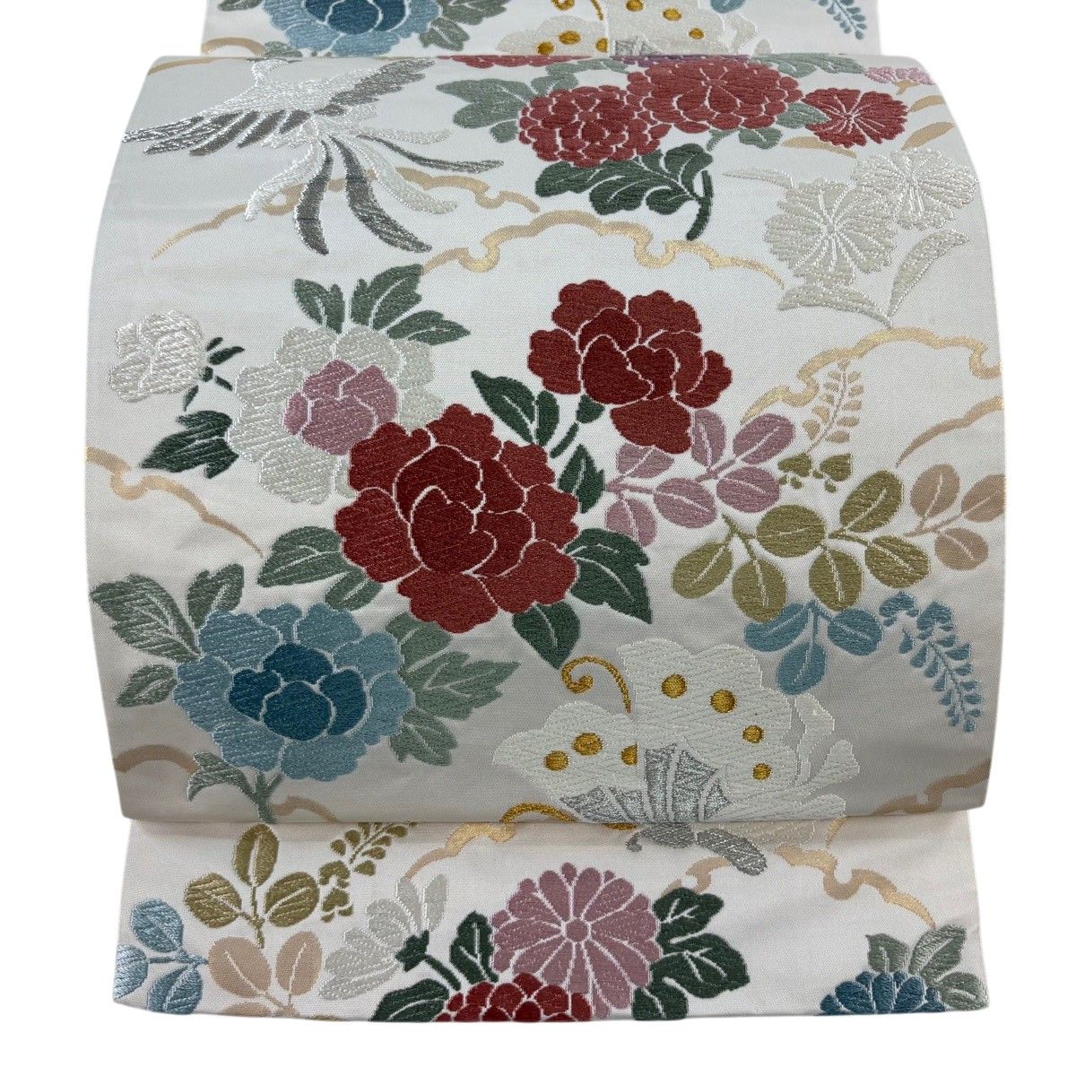 【美品】 袋帯 名品 花鳥 蝶 金銀糸 唐織 クリーム 六通 正絹 【中古】