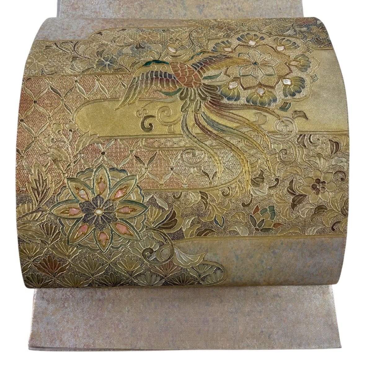 【美品】 袋帯 名品 華文 鳳凰 金彩 螺鈿 金茶 お太鼓柄 正絹 【中古】