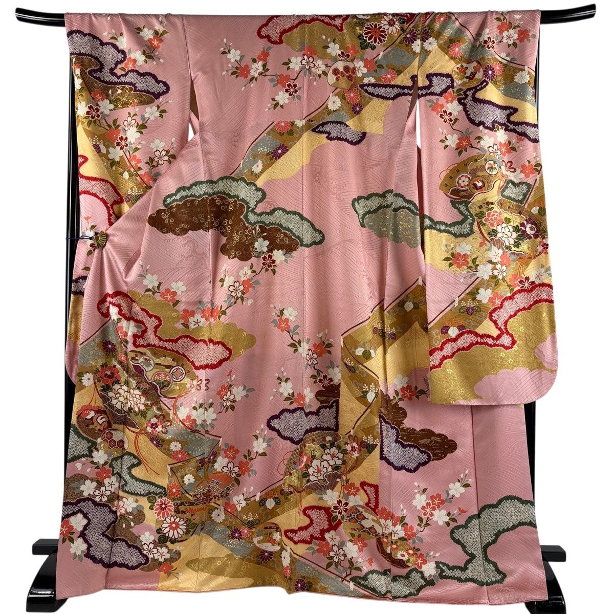 振袖 身丈169.5cm 裄丈71cm L 袷 桧扇 草花 金糸 金彩 ピンク 正絹 秀品 【中古】