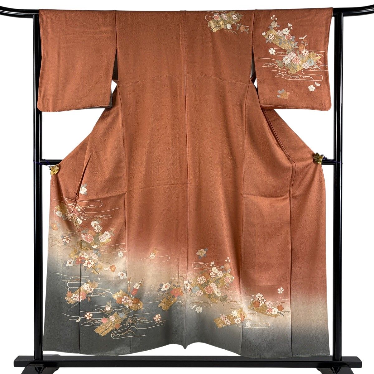 訪問着 身丈153.5cm 裄丈63cm S 袷 花筏 金彩 ぼかし 赤茶 正絹 秀品 【中古】