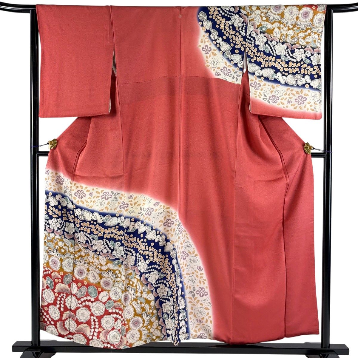 美品】 訪問着 身丈156cm 裄丈65cm M 袷 草花 染め分け ぼかし 茜色
