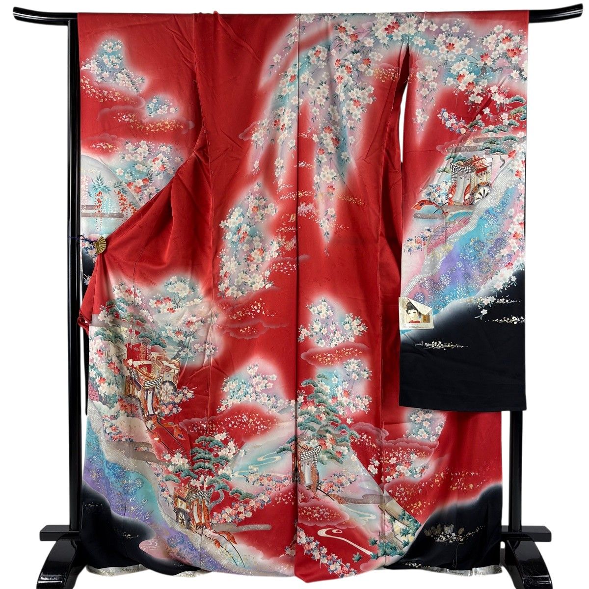 振袖 身丈179.5cm 裄丈67cm 未仕立て 仮絵羽 御所車 桜 金糸 金銀彩 赤 