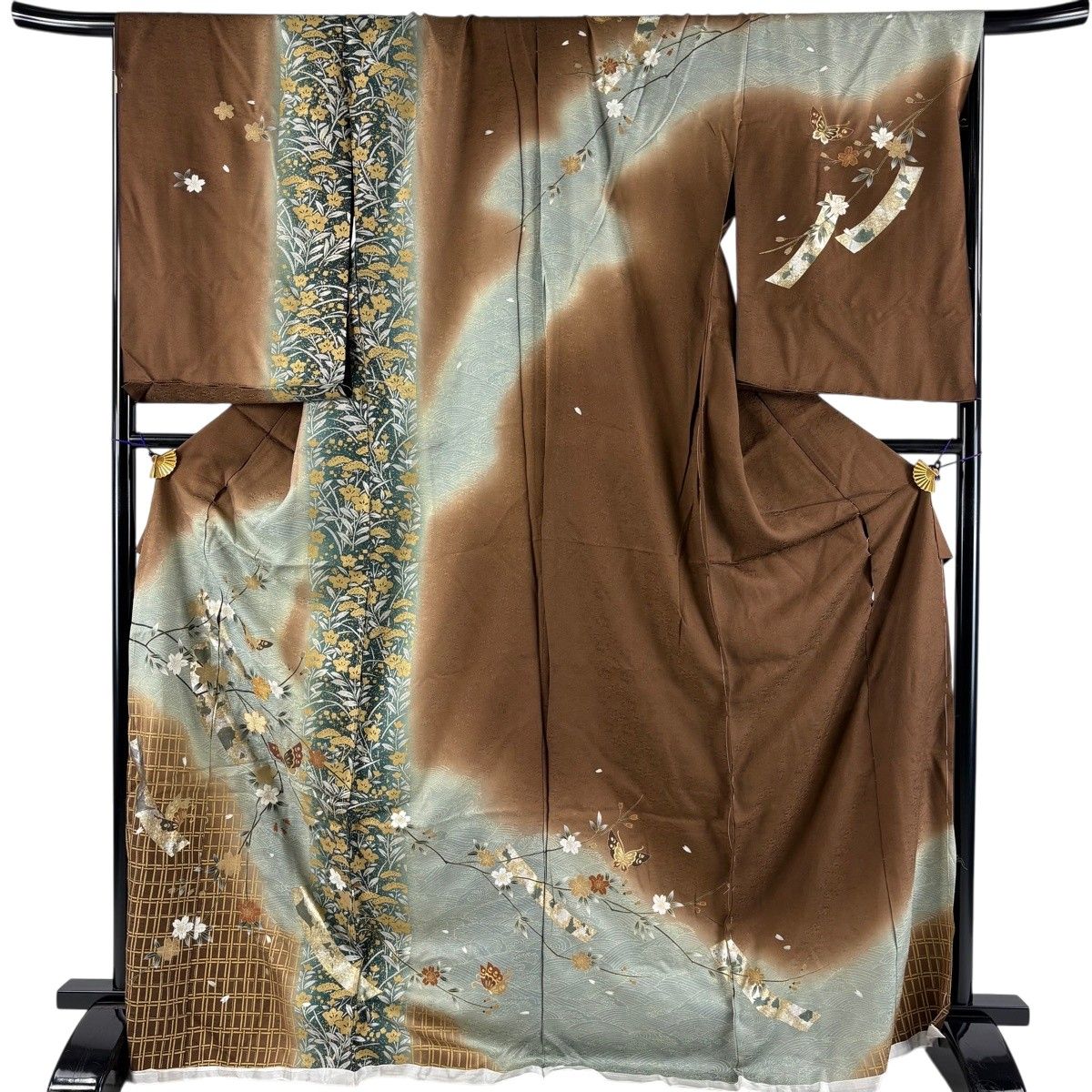 訪問着 身丈176cm 裄丈69cm 未仕立て 仮絵羽 短冊 桜 金糸 金銀彩 焦茶色 正絹 秀品 【中古】