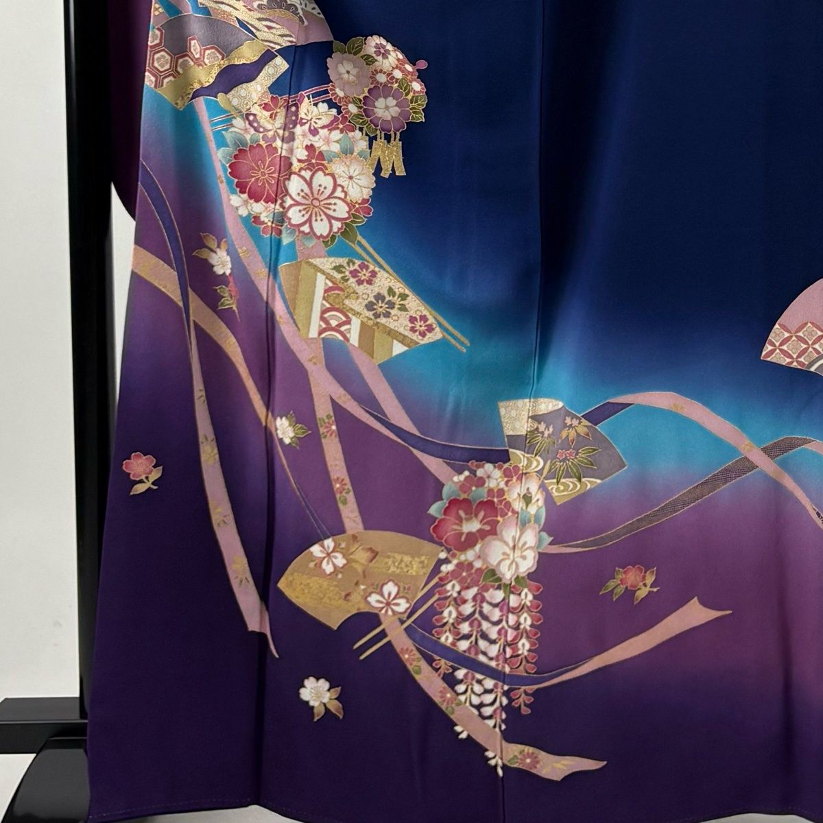 振袖 身丈166cm 裄丈67.5cm L 袷 落款 扇面 簪 金彩 染め分け 青紫