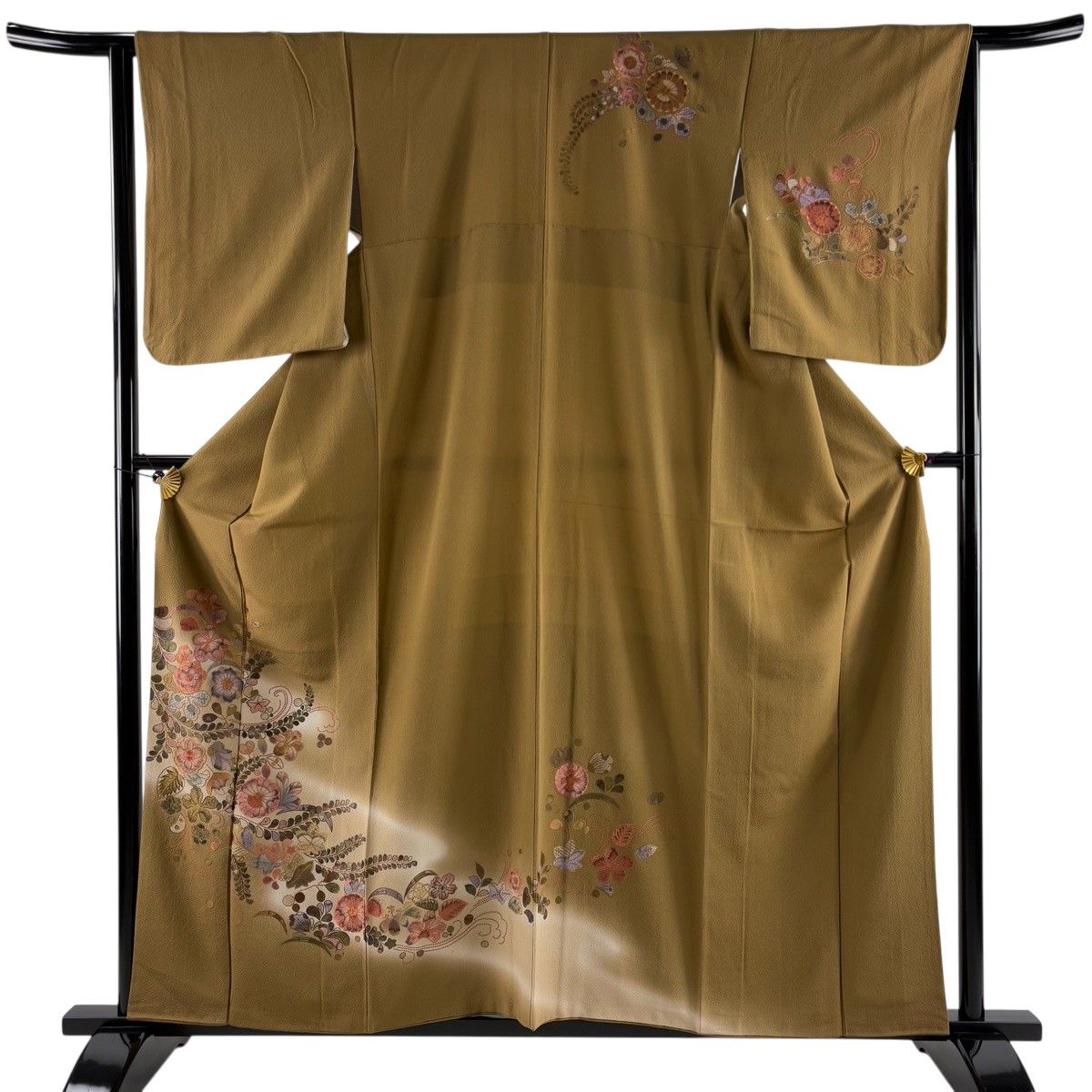 訪問着 身丈158.5cm 裄丈64cm M 袷 草花 刺繍 ぼかし 茶色 正絹 秀品 【中古】