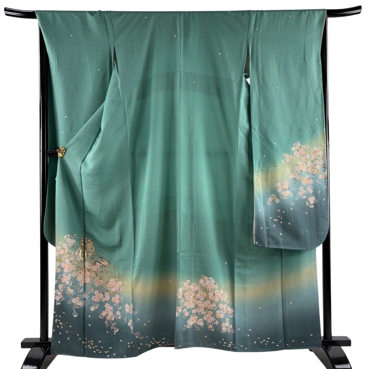 振袖 身丈161.5cm 裄丈68cm L 袷 御所車 桜 金銀彩 ぼかし 薄緑 正絹 秀品 【中古】