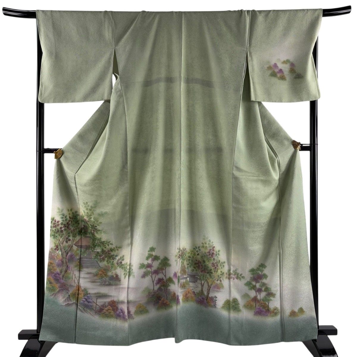 【美品】 訪問着 身丈163.5cm 裄丈69cm L 袷 落款 法然寺 樹木 ぼかし 薄緑 正絹 秀品 【中古】