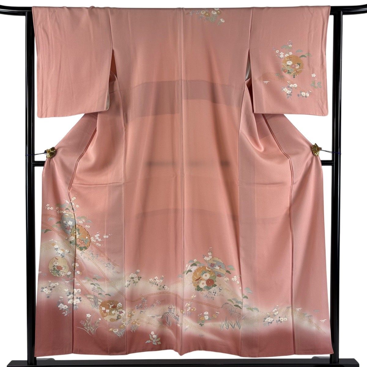 訪問着 身丈154.5cm 裄丈63cm S 袷 雪輪 草花 金糸 金彩 ピンク 正絹 秀品 【中古】