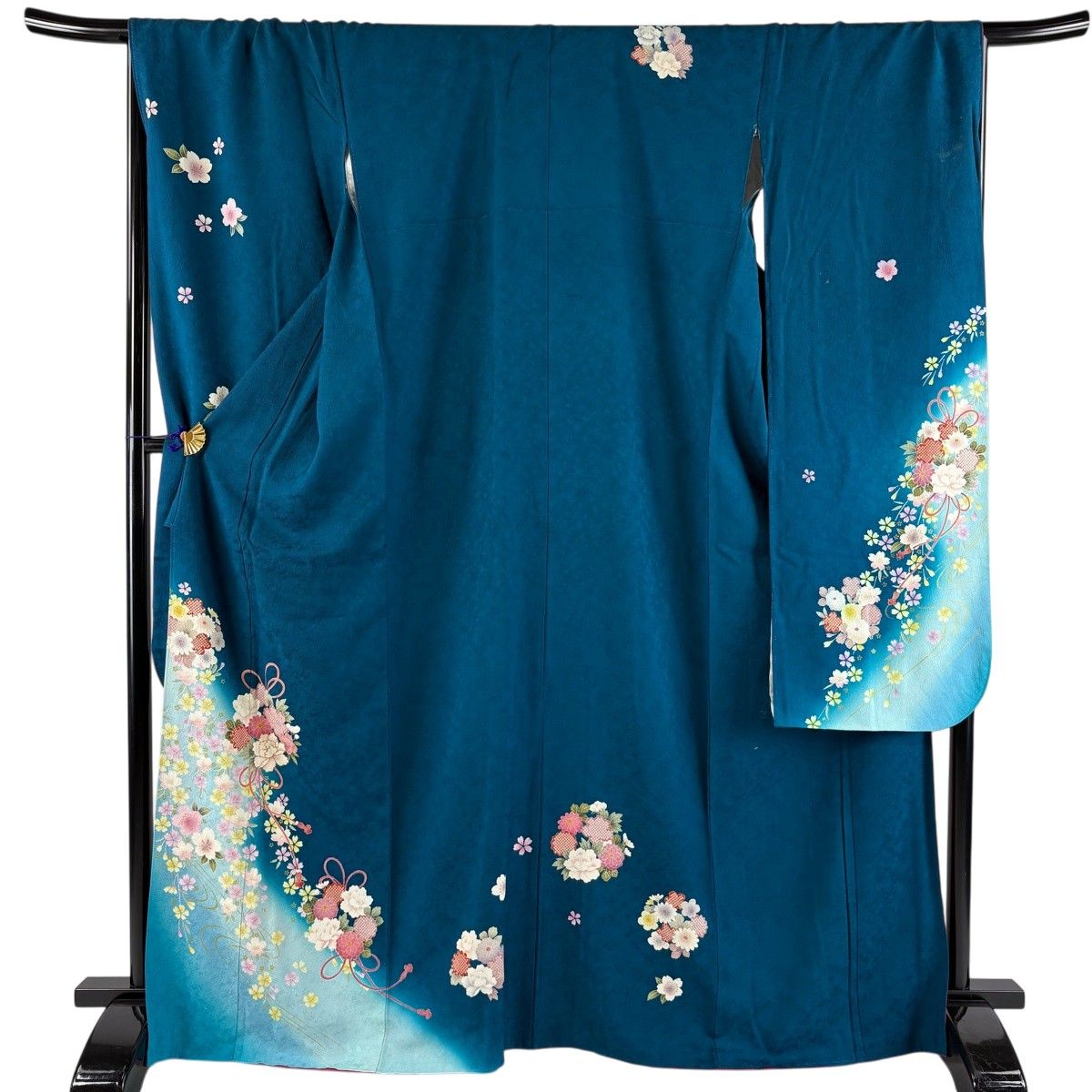 振袖 ネイビー 花柄 絹 丈166.5.裄65 振袖 身丈166.5cm 裄丈69.5cm L 袷 花束 桜 箔 ぼかし 青緑 正絹 秀品