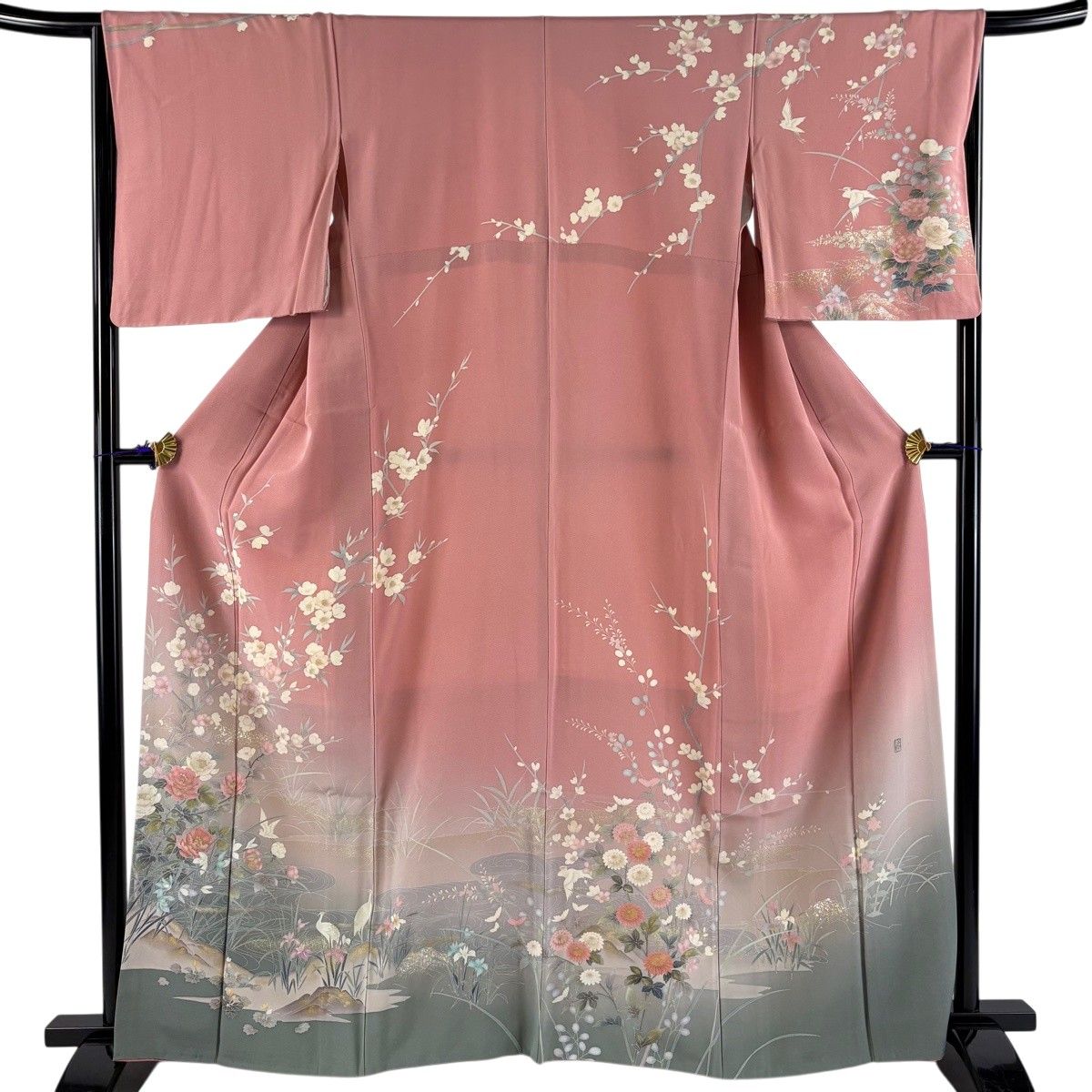美品】 訪問着 身丈162cm 裄丈66cm M 袷 落款 枝花 流水 金銀彩 ピンク
