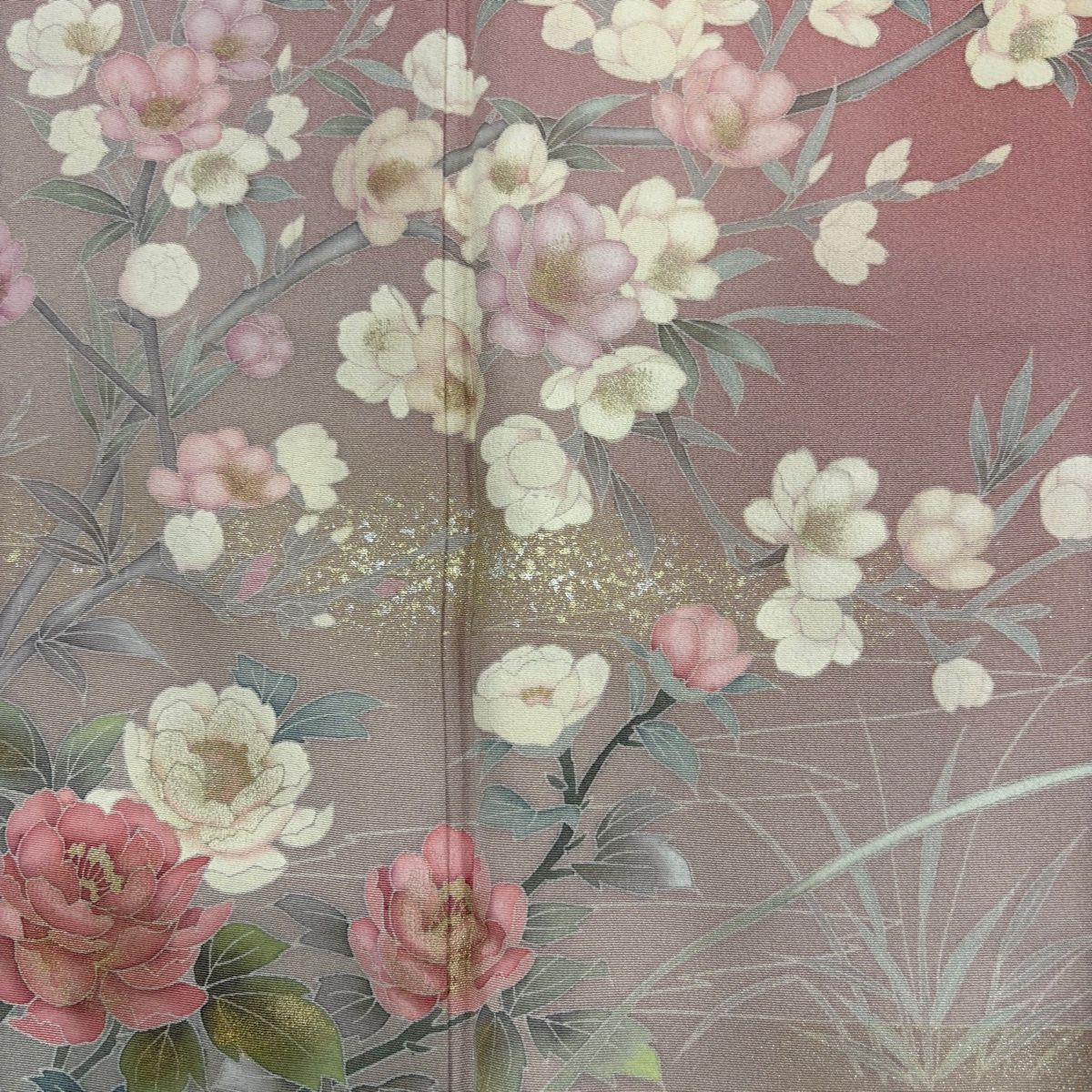 美品】 訪問着 身丈162cm 裄丈66cm M 袷 落款 枝花 流水 金銀彩 ピンク