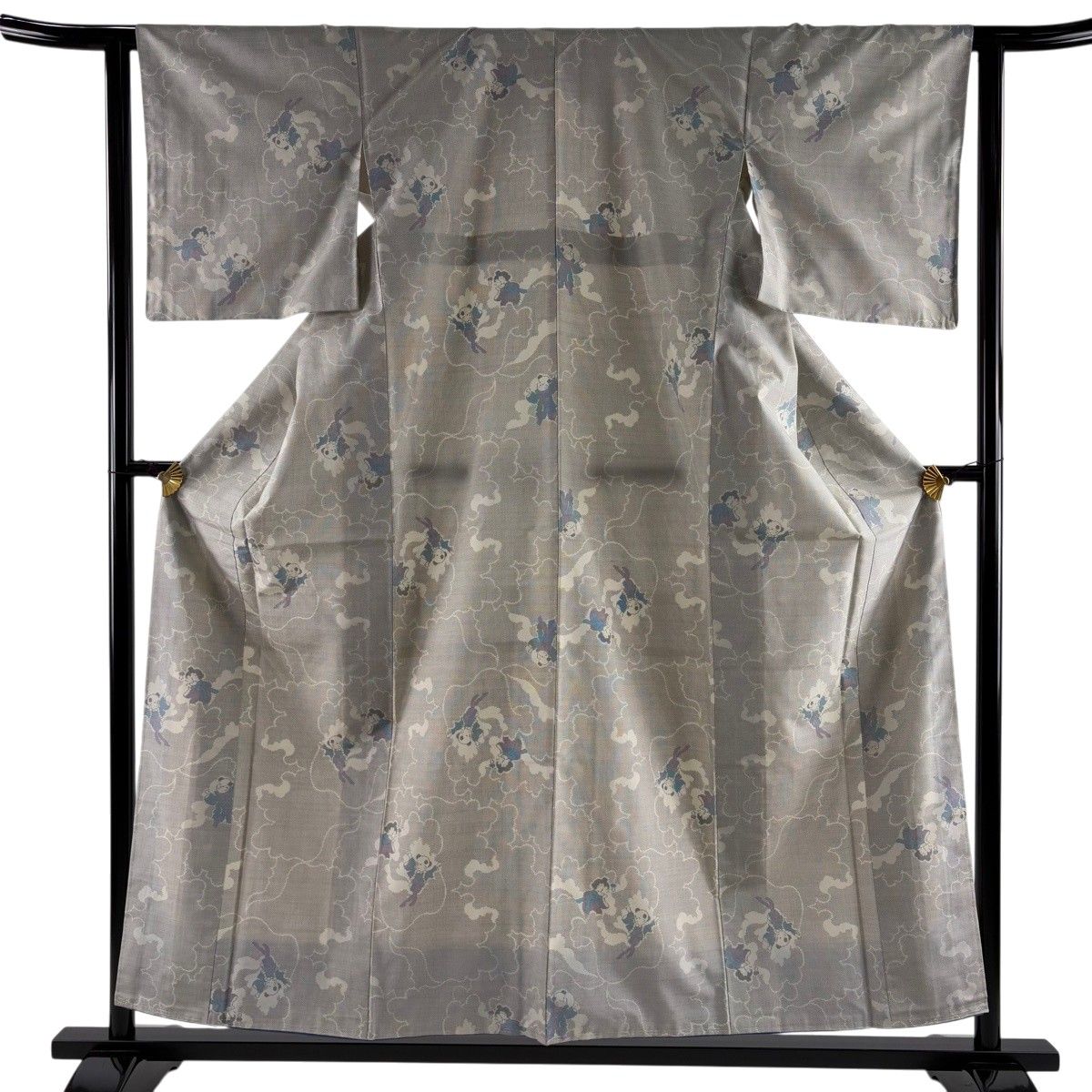 【美品】 紬 身丈157cm 裄丈62.5cm S 袷 人物 幾何学模様 灰色 正絹 秀品 【中古】