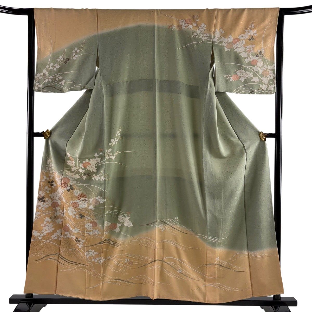 訪問着 身丈157.5cm 裄丈64.5cm M 袷 菊 萩 金糸 金彩 灰緑 正絹 秀品 【中古】