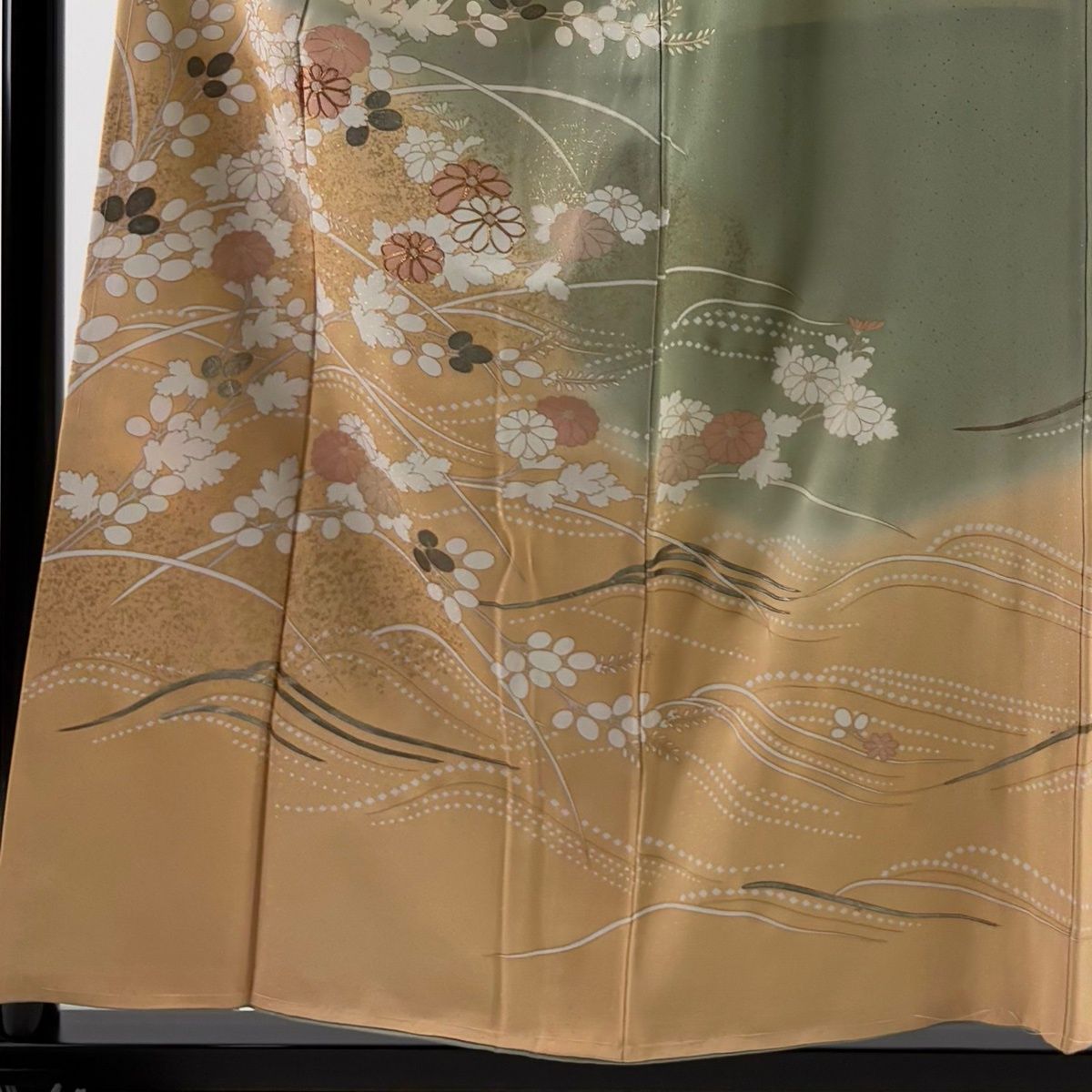 訪問着 身丈157.5cm 裄丈64.5cm M 袷 菊 萩 金糸 金彩 灰緑 正絹 秀品 