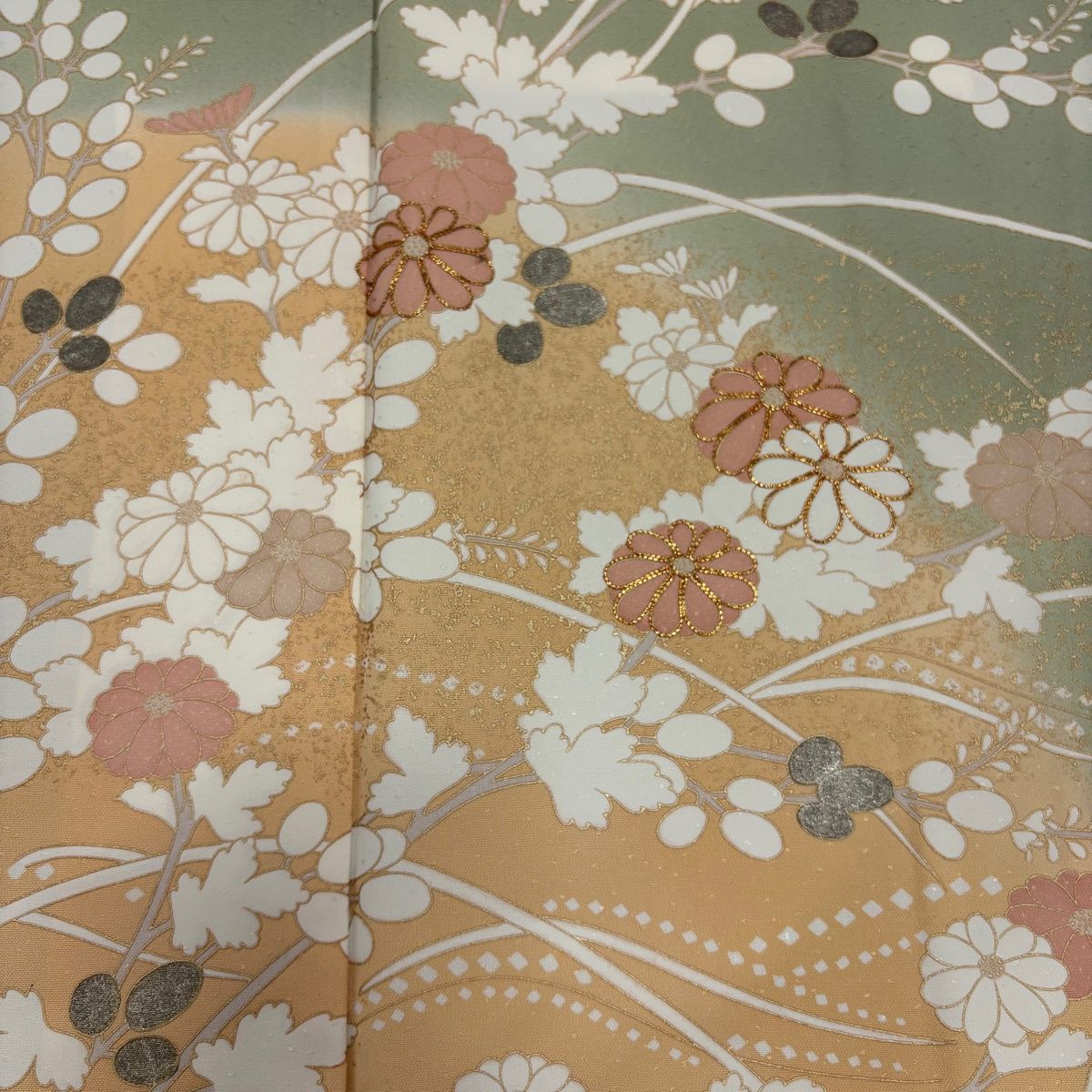 訪問着 身丈157.5cm 裄丈64.5cm M 袷 菊 萩 金糸 金彩 灰緑 正絹 秀品 