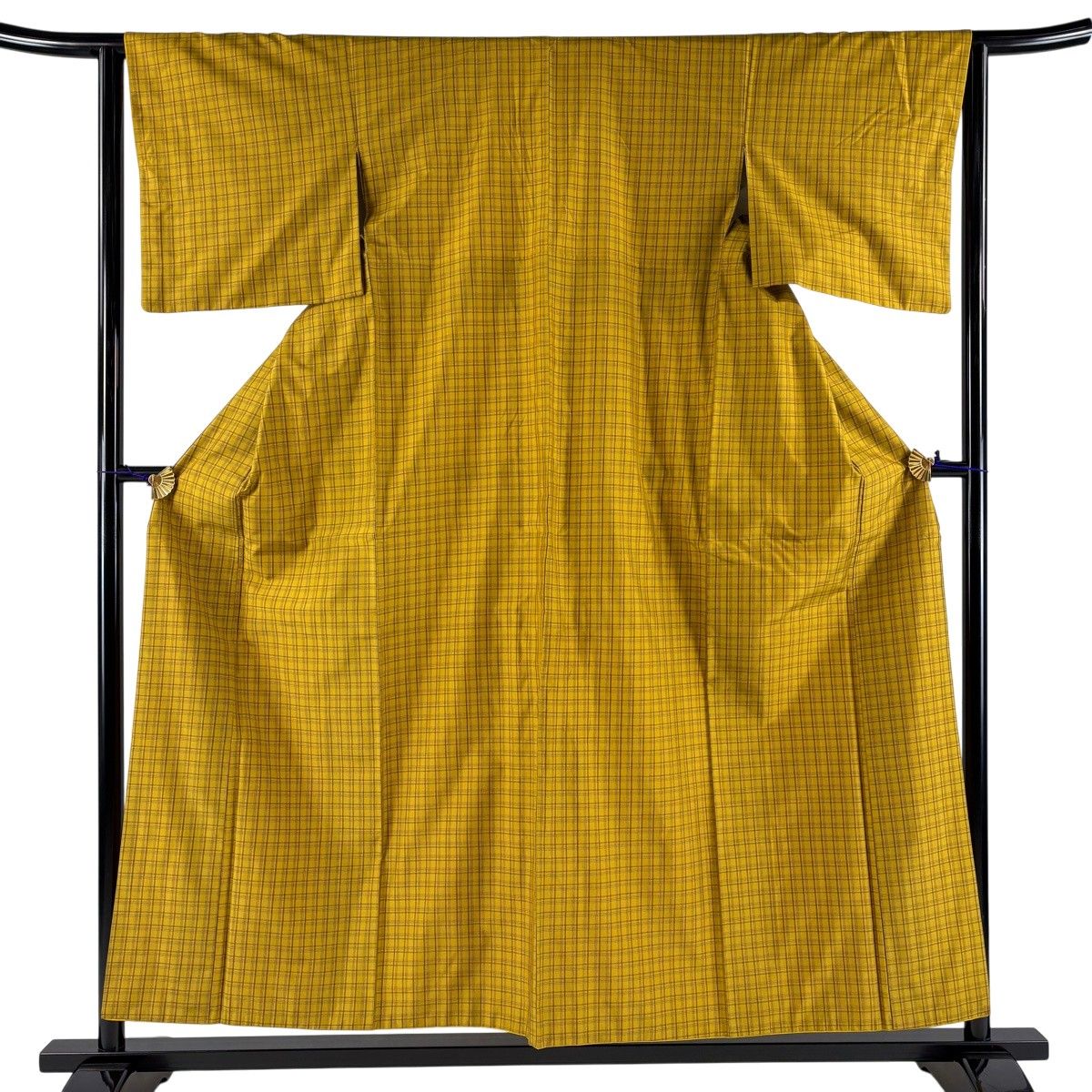 紬 身丈155cm 裄丈63cm S 袷 格子 山吹茶色 正絹 名品 【中古】