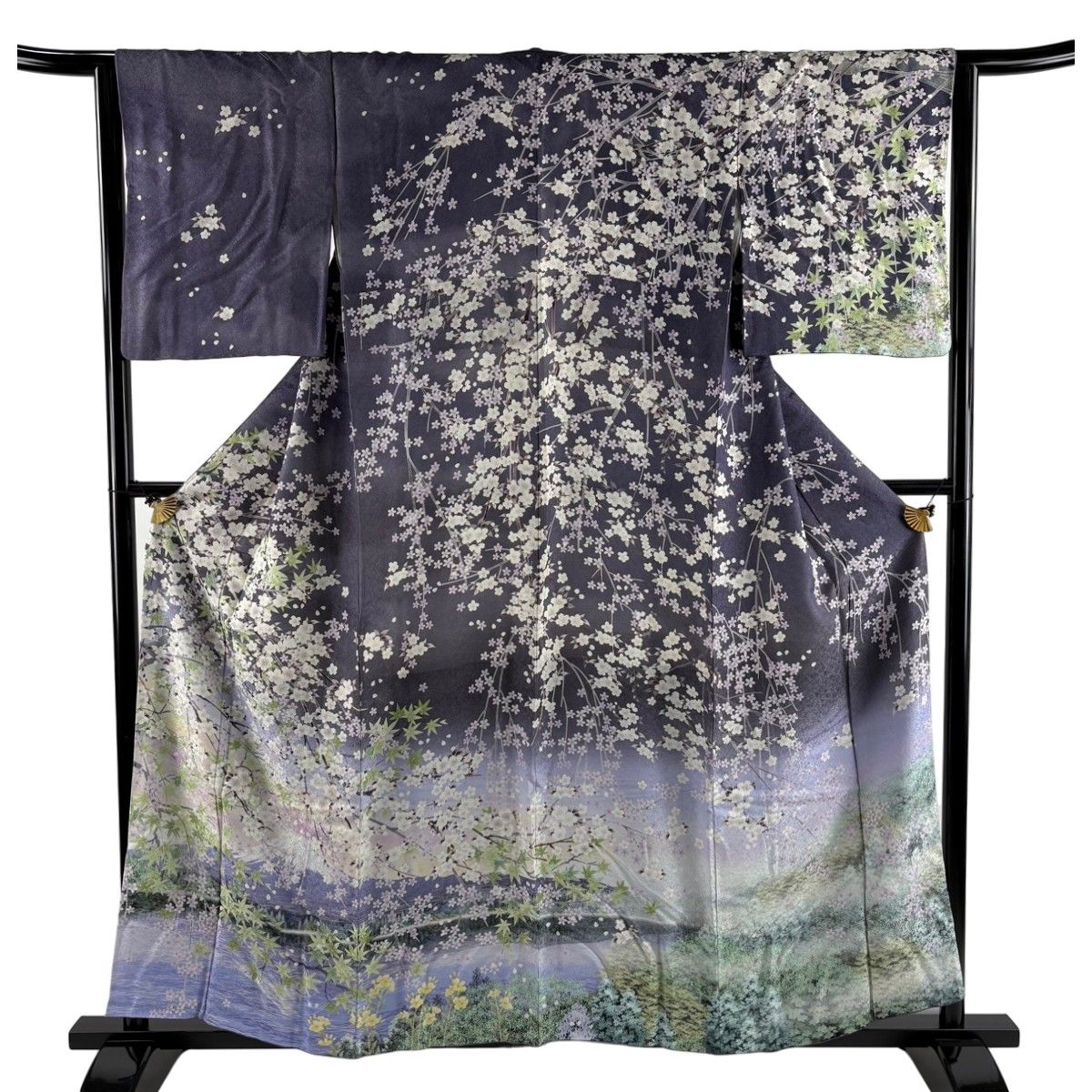 訪問着 身丈157cm 裄丈63cm S 袷 桜 富士山 銀通し ぼかし 紫 正絹 名品 【中古】