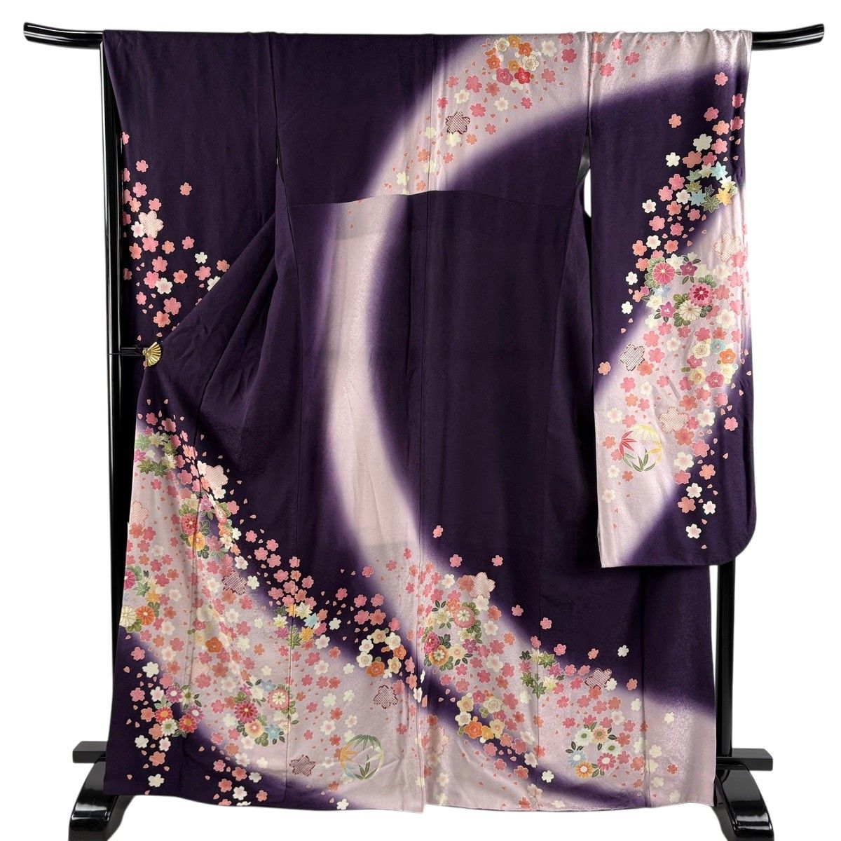 振袖 身丈168.5cm 裄丈67cm M 袷 桜 菊 金彩 ぼかし 濃紫 正絹 名品 【中古】