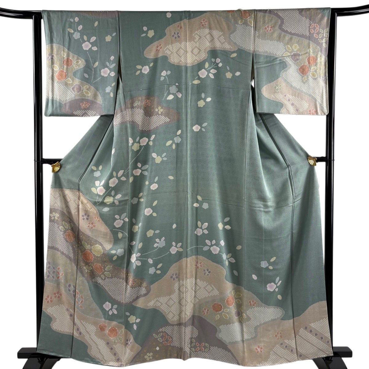 訪問着 身丈161.5cm 裄丈63cm S 袷 梅 霞 金彩 絞り 灰緑 正絹 名品 【中古】
