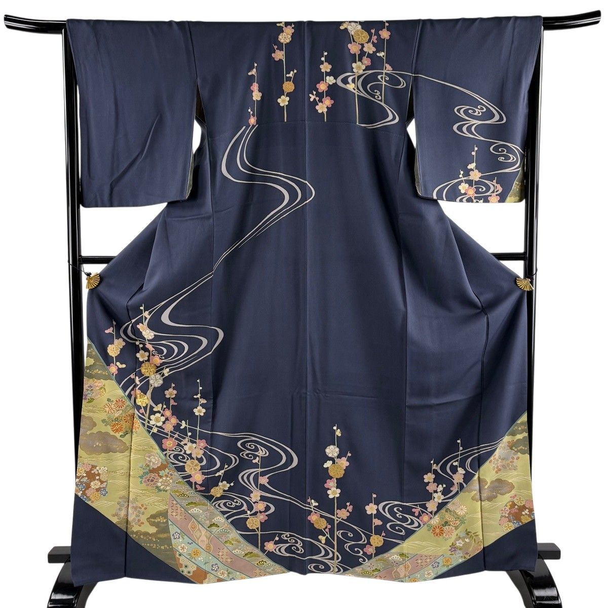 訪問着 身丈167cm 裄丈65.5cm M 袷 花丸文 枝梅 金銀彩 青紫 正絹 名品