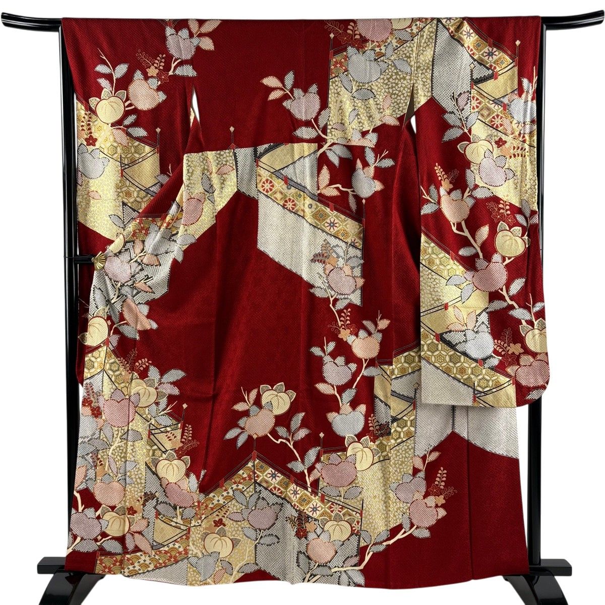 振袖 身丈162cm 裄丈64.5cm M 袷 橘 幔幕 金彩 赤 正絹 名品 【中古】