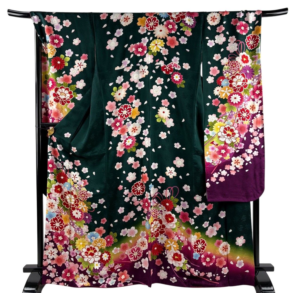 【美品】 振袖 身丈169cm 裄丈69.5cm L 袷 草花 手鞠 金糸 金彩 緑 正絹 名品 【中古】