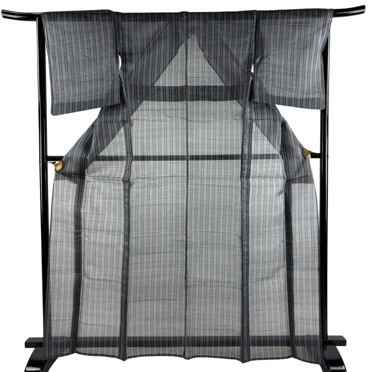 【美品】 紬 身丈166.5cm 裄丈66.5cm M 薄物 縦縞 灰色 麻 名品 【中古】