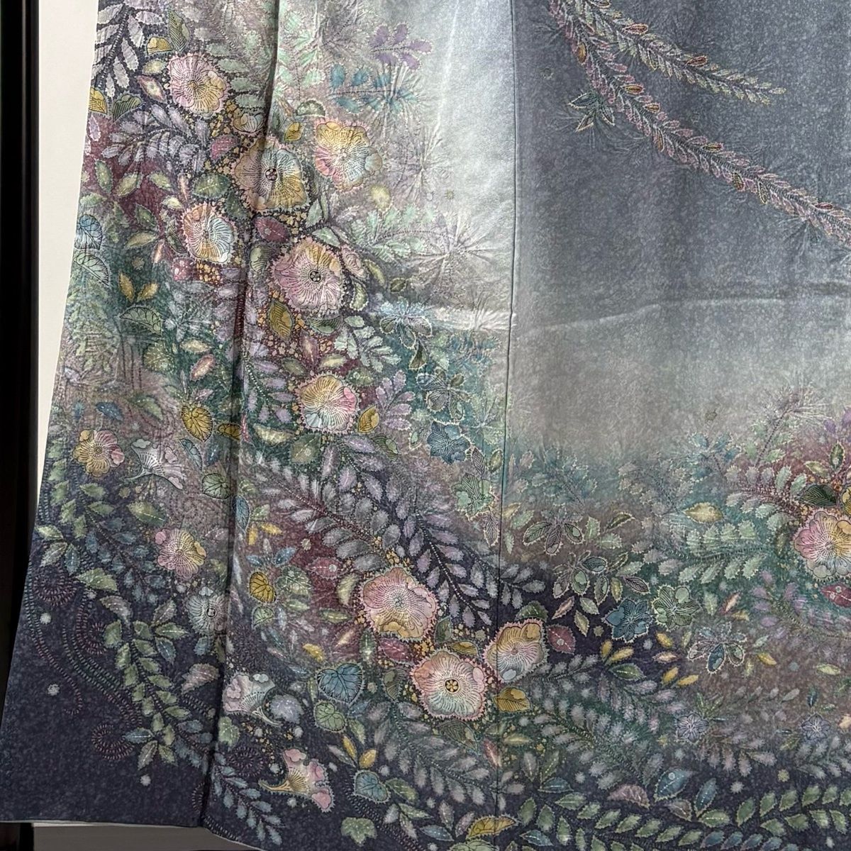 訪問着 身丈156.5cm 裄丈62.5cm S 袷 辻が花柄 金彩 ぼかし 青灰色