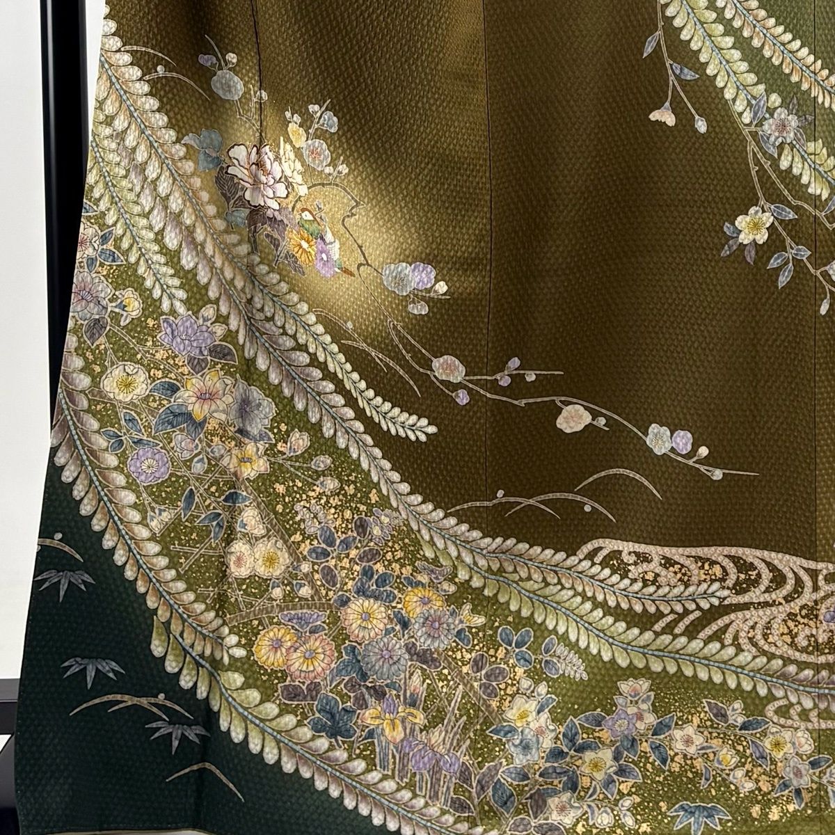 訪問着 身丈168cm 裄丈69cm L 袷 草花 枝梅 金糸 金彩 茶緑色 正絹