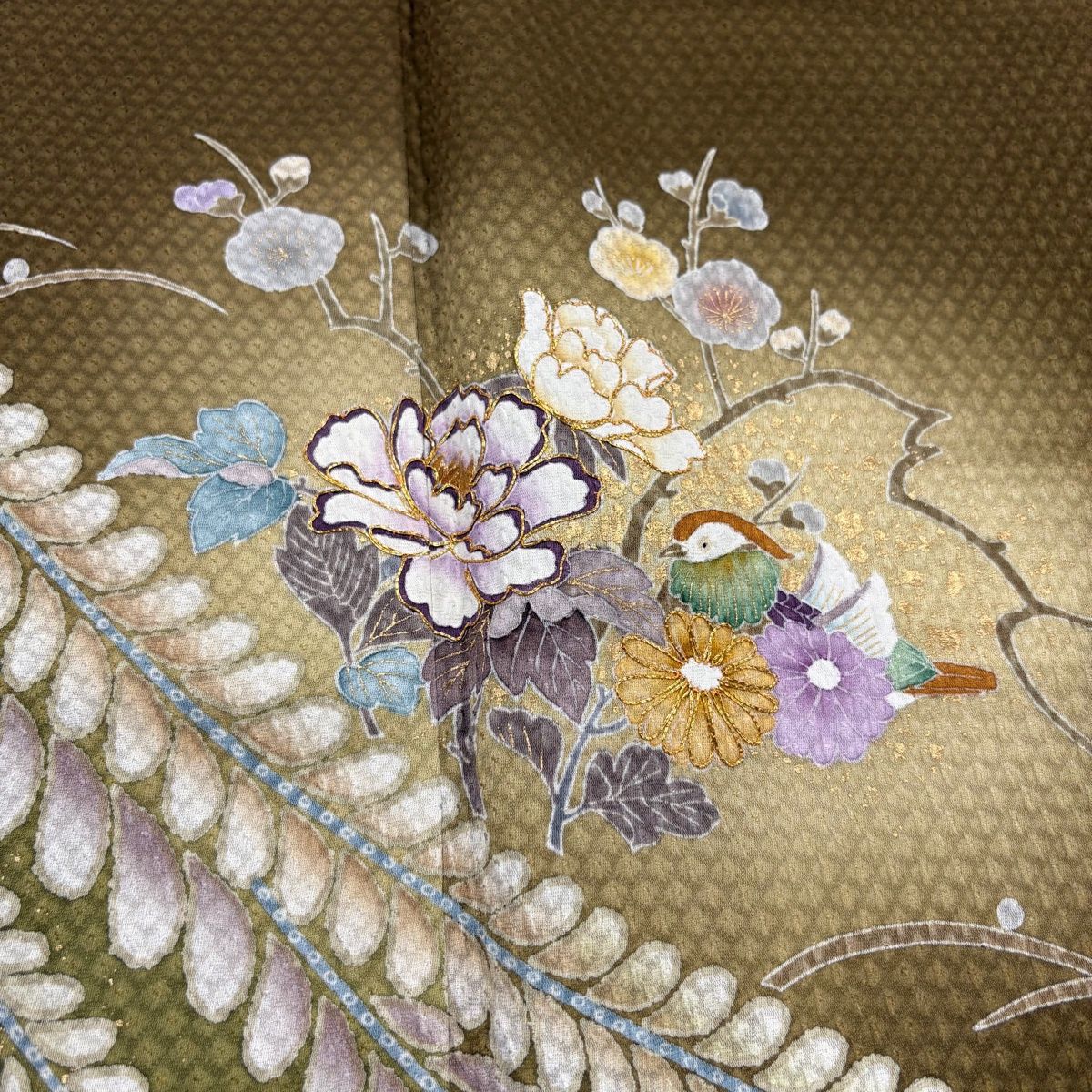 訪問着 身丈168cm 裄丈69cm L 袷 草花 枝梅 金糸 金彩 茶緑色 正絹