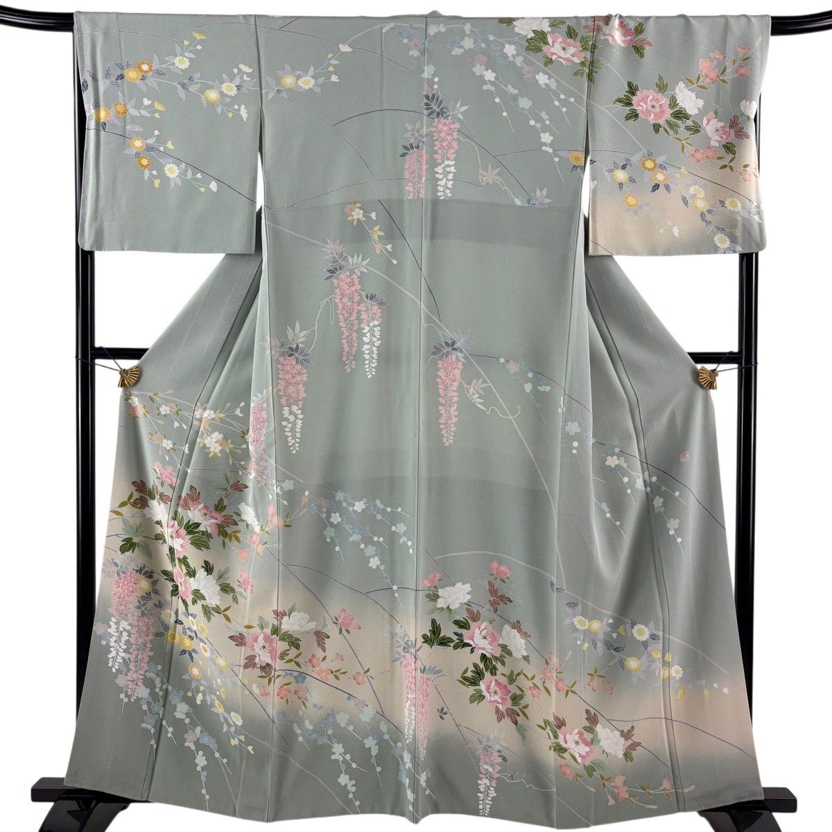 訪問着 身丈160.5cm 裄丈68cm L 袷 落款 牡丹 草花 染め分け ぼかし 灰緑 正絹 名品 【中古】