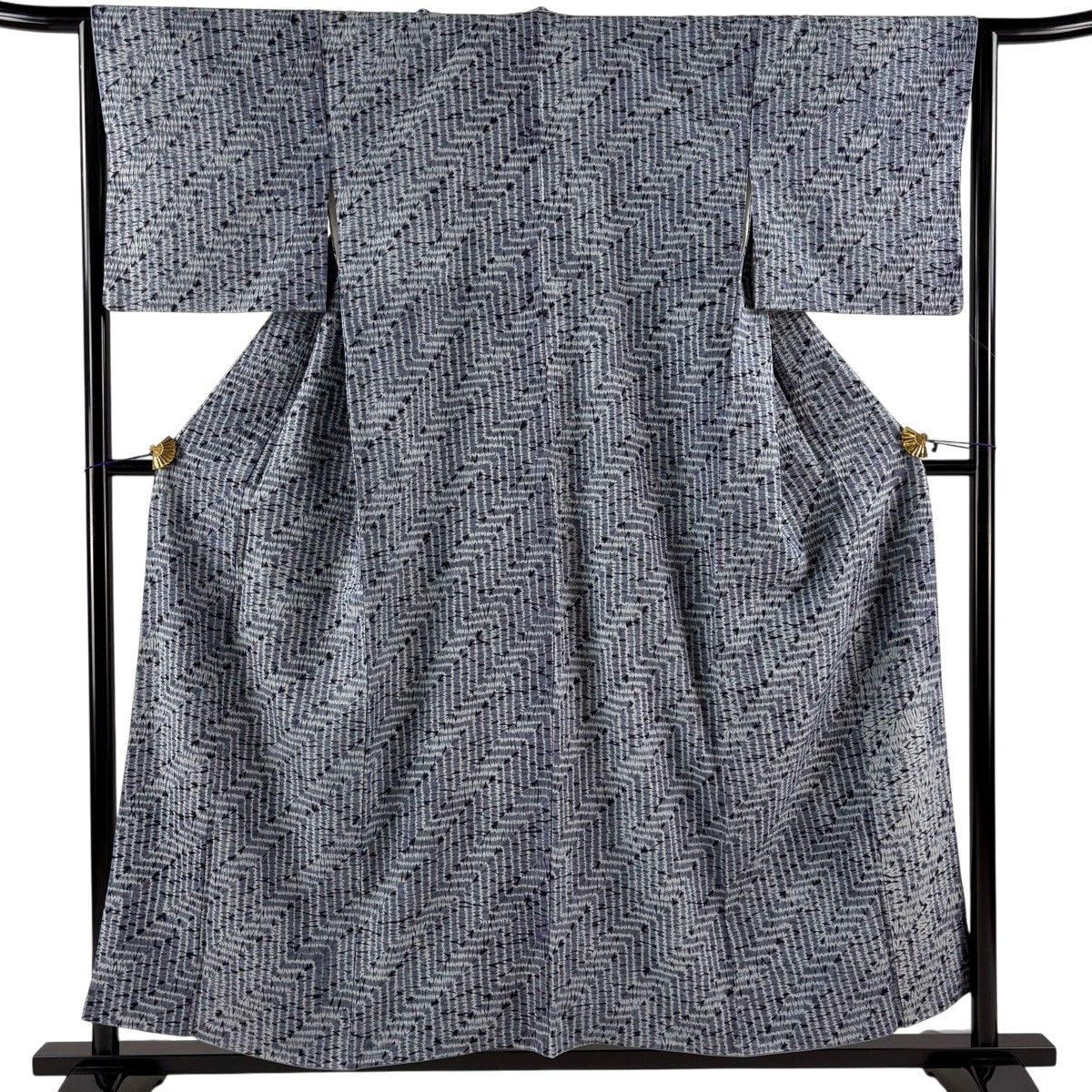 小紋 身丈156cm 裄丈64cm M 袷 幾何学 絞り 青灰色 正絹 名品 【中古】