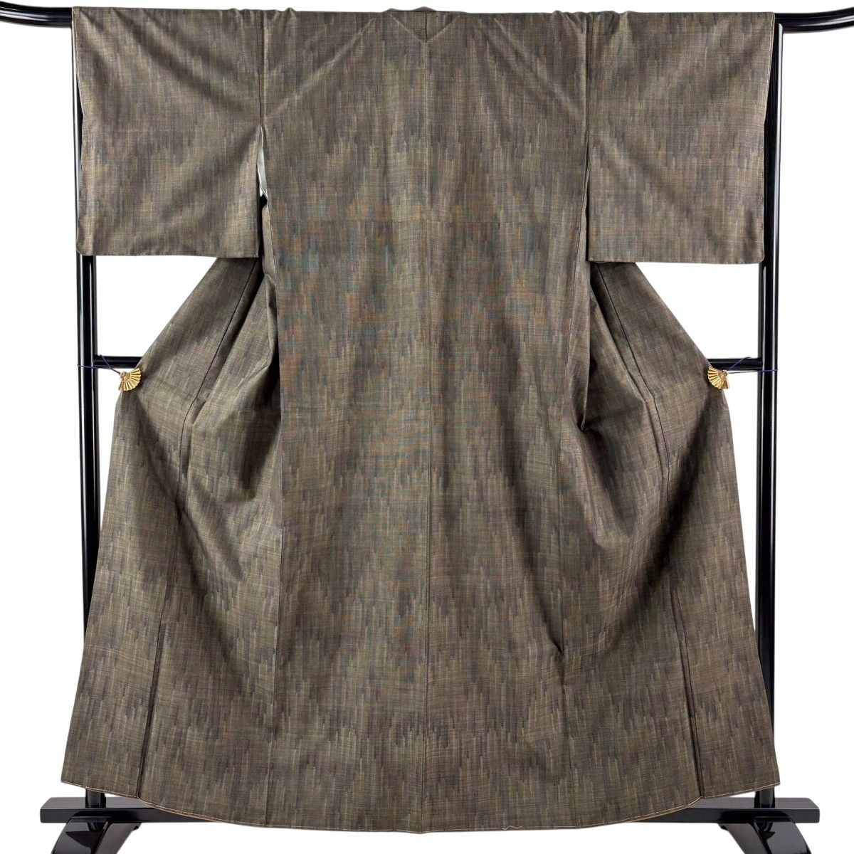 【美品】 大島紬 身丈159.5cm 裄丈66cm M 袷 純泥染 証紙 縞 幾何学 茶緑色 正絹 名品 【中古】