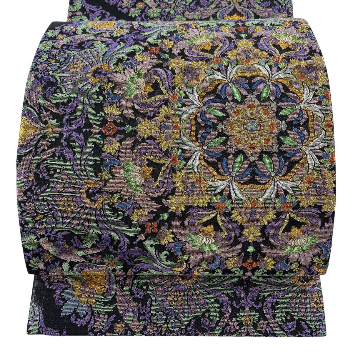 【美品】 袋帯 名品 輪奈織 ギリシャ丸紋 華文 草花 金銀糸 本金箔 黒 六通 正絹 【中古】