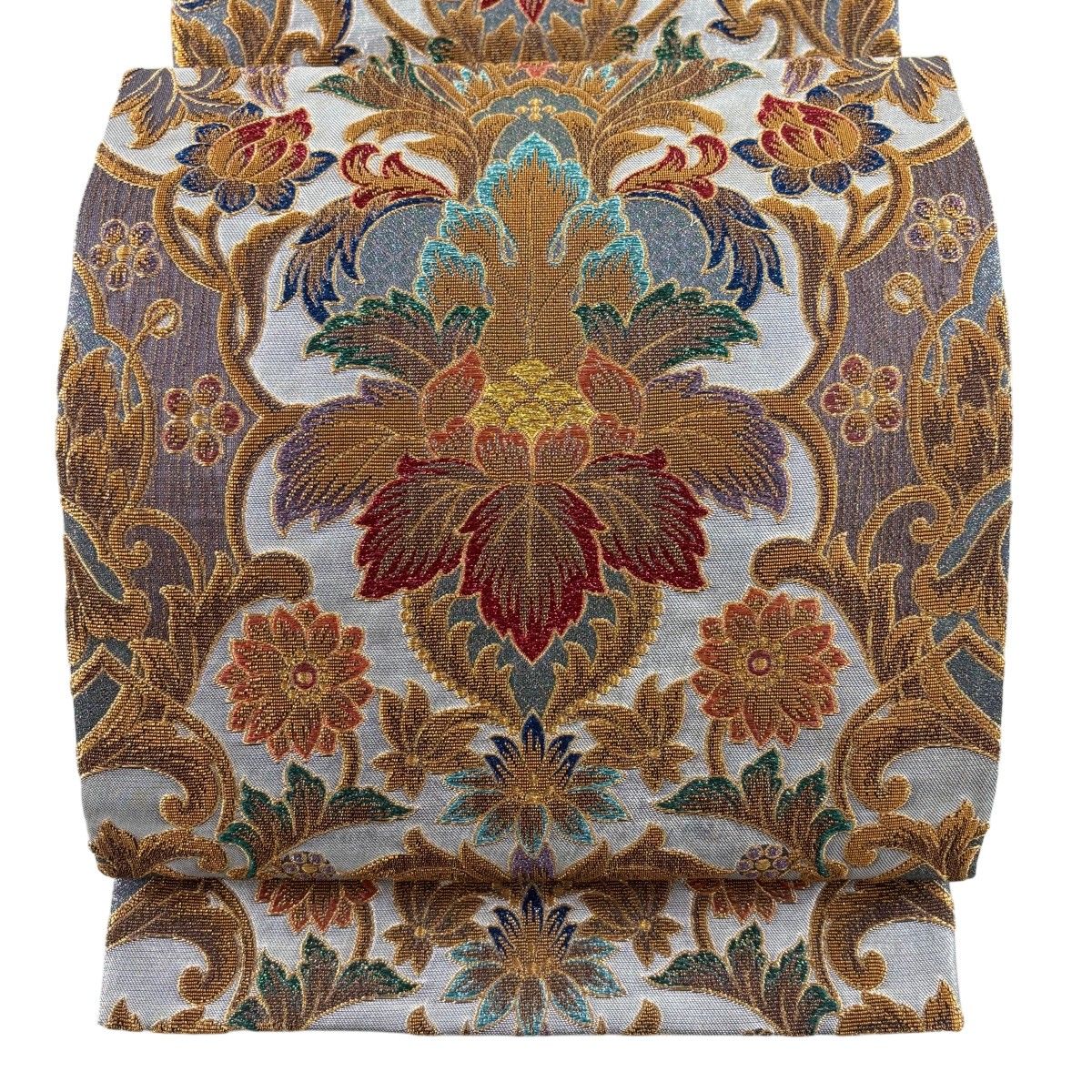 【美品】 袋帯 名品 草花 鳥 金糸 箔 銀色 六通 正絹 【中古】