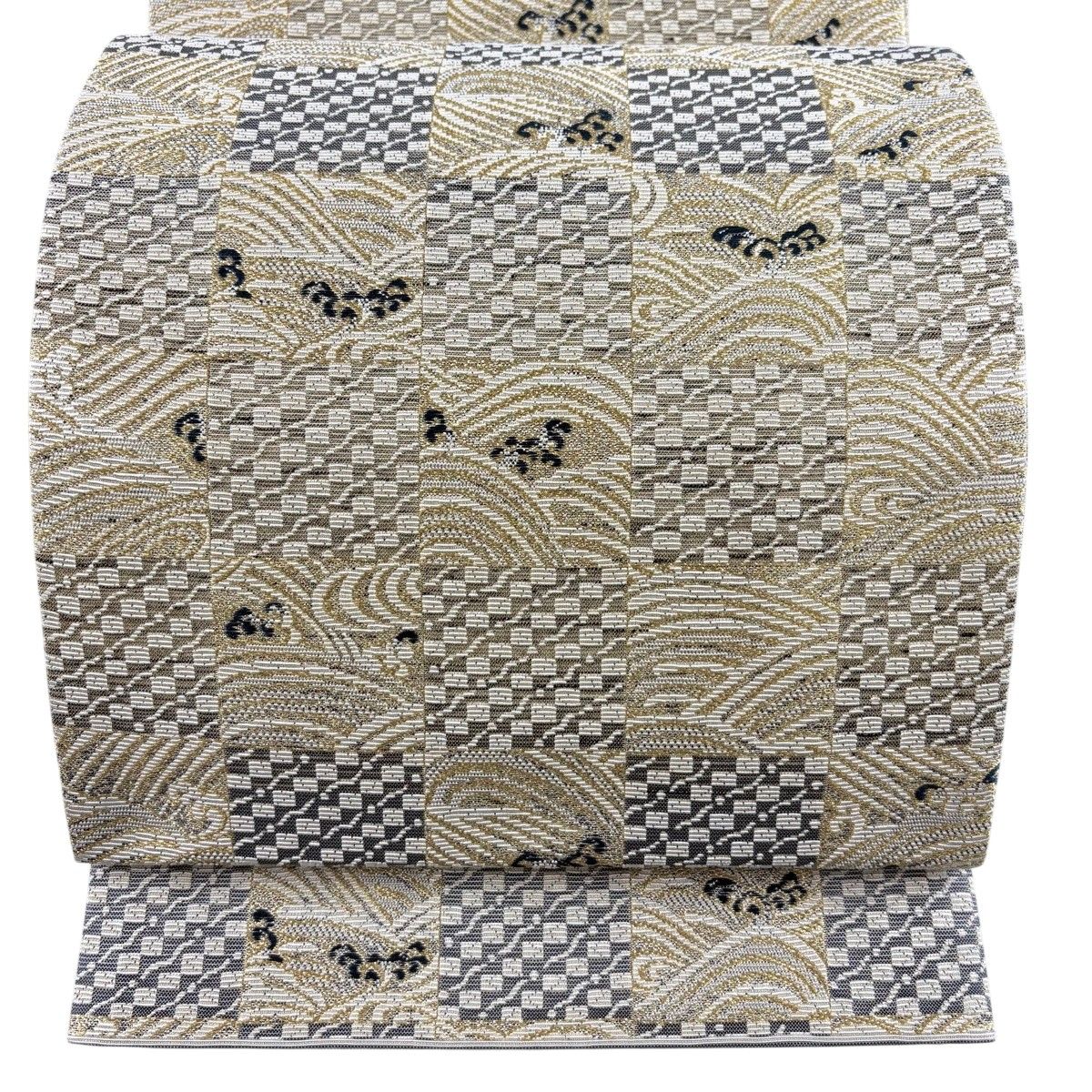 【美品】 袋帯 名品 関西仕立て 市松 波頭 金糸 ベージュ 六通 正絹 【中古】