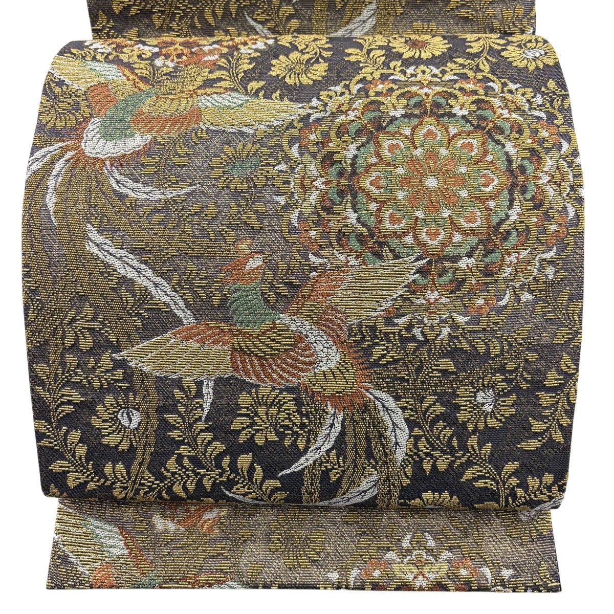 【美品】 袋帯 名品 華文 鳳凰 輪奈織 金糸 灰紫 六通 正絹 【中古】