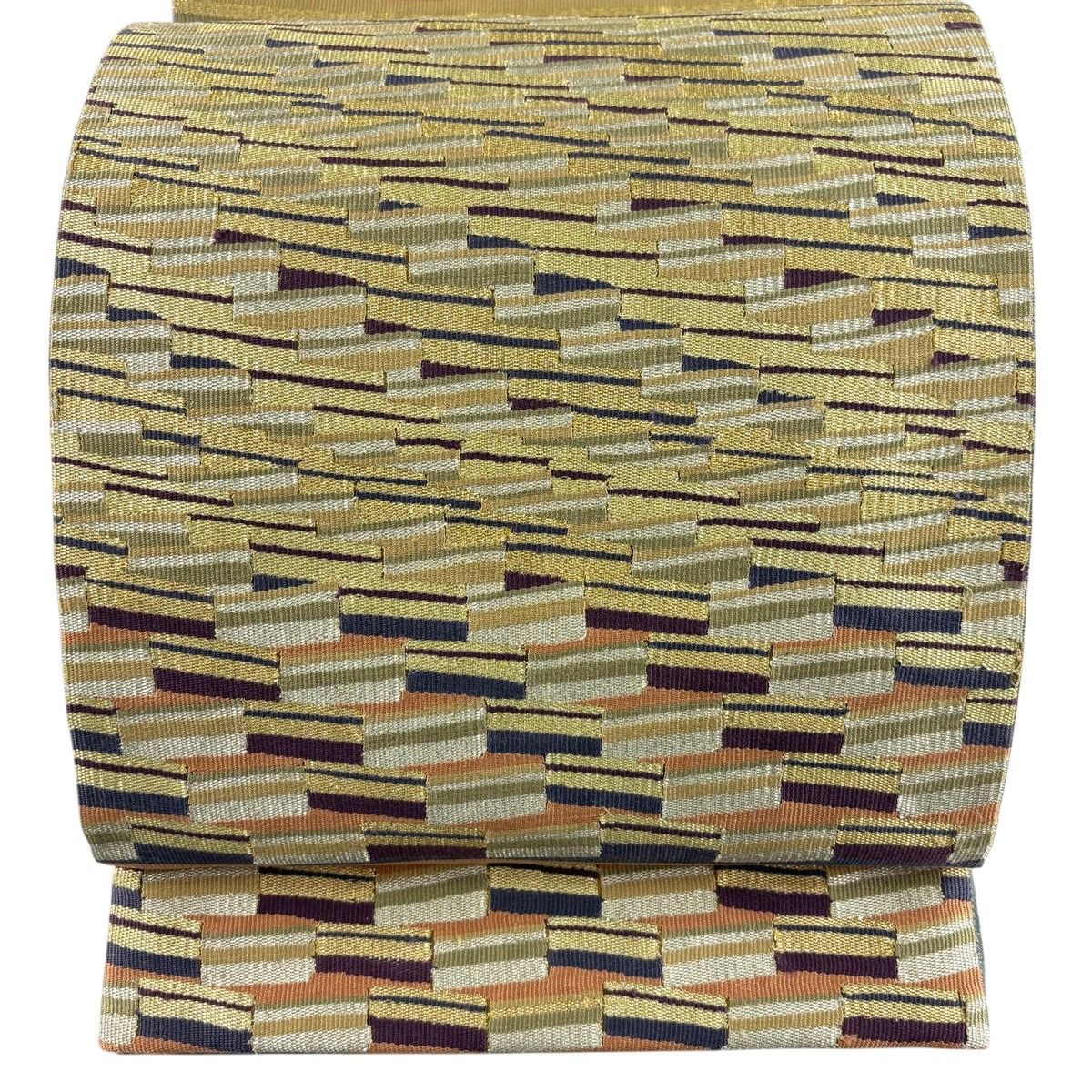 【美品】 袋帯 名品 幾何学模様 金銀糸 薄茶色 お太鼓柄 正絹 【中古】