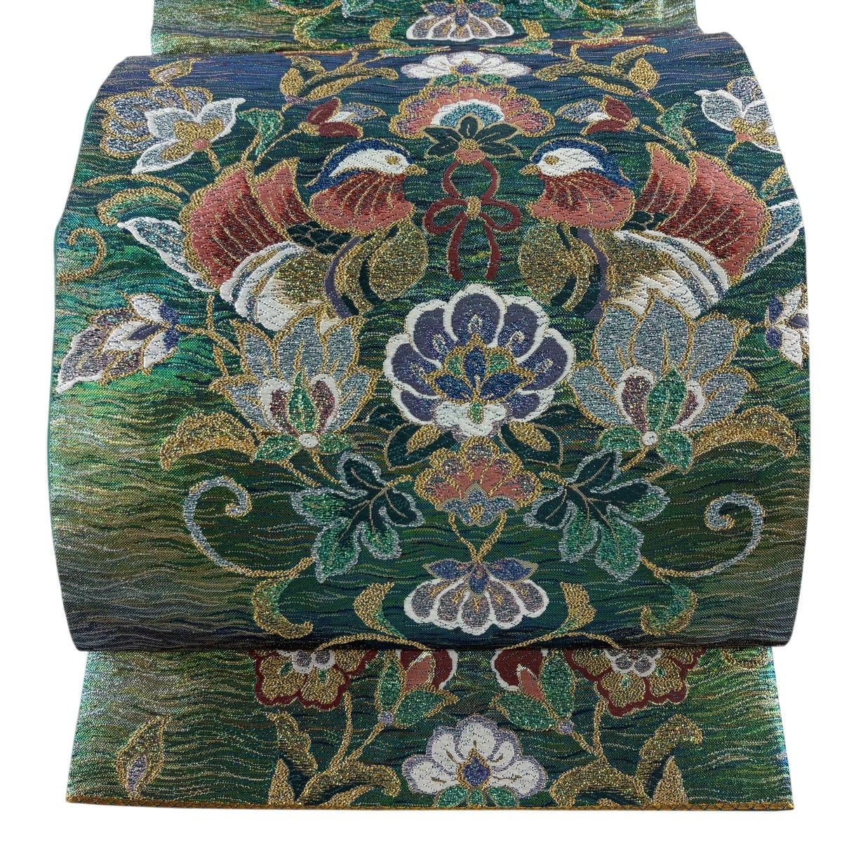 袋帯 名品 天平向い鴛鴦文 唐織 箔 緑 六通 正絹 【中古】