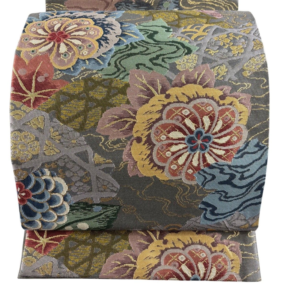 【美品】 袋帯 名品 草花 流水 箔 金糸 灰色 六通 正絹 【中古】